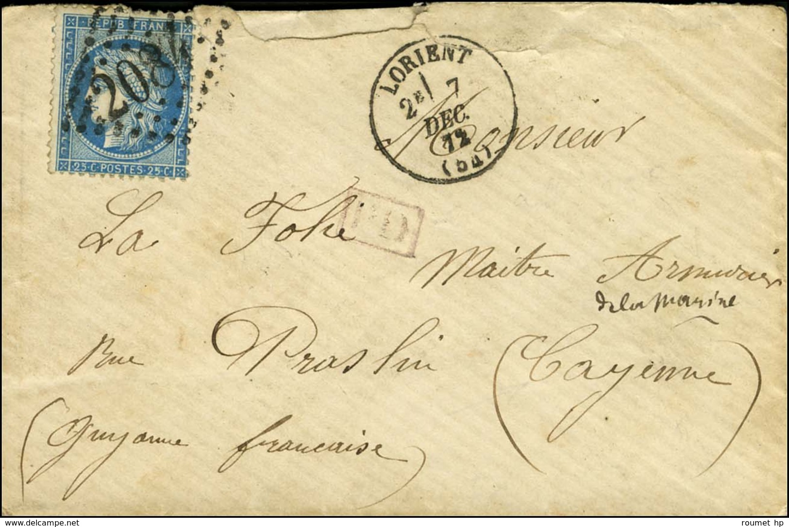 GC 2084 / N° 60 Càd T 16 LORIENT (54) Sur Lettre Adressée Au Tarif De Militaire à Cayenne. 1872. - TB. - 1871-1875 Ceres
