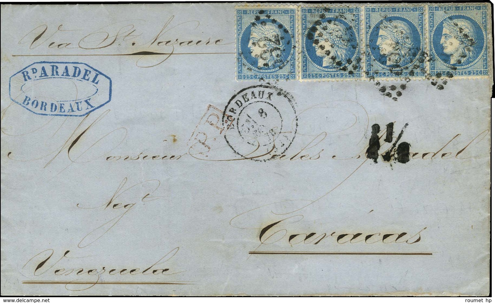 GC 532 / N° 60 (4) Càd T 17 BORDEAUX (32) Sur Lettre Pour Caracas. Au Recto, Taxe Tampon 1 1/2 Reales Pour La Distributi - 1871-1875 Cérès