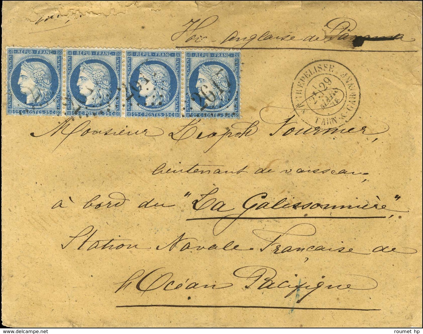 GC 2617 / N° 60 Bande De 4 Càd T 18 NEGREPELISSE / TARN ET GARONNE Sur Lettre Adressée à Bord De La Galissonnière, Stati - 1871-1875 Ceres