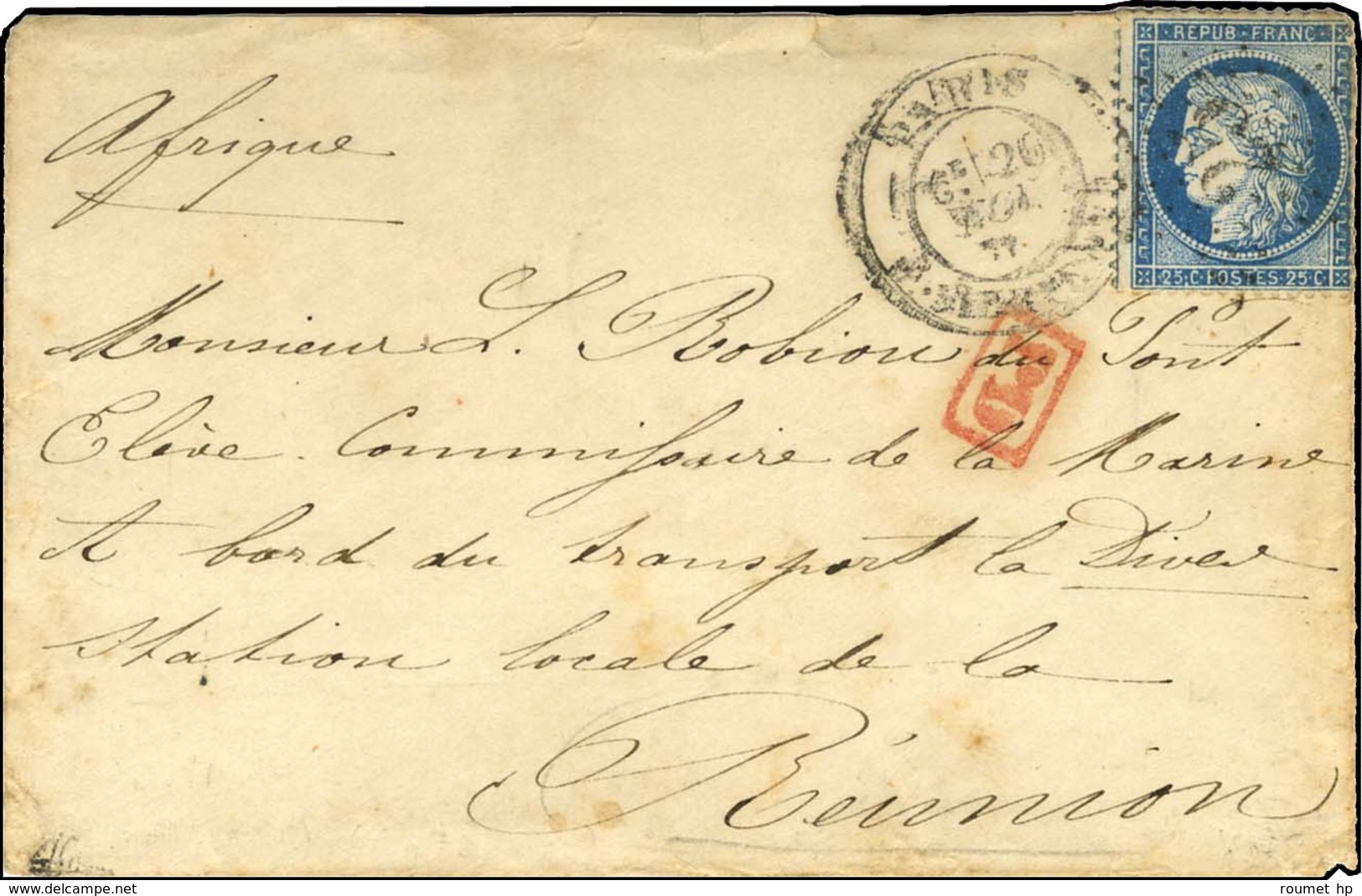 Etoile 25 / N° 60 Càd PARIS / R. SERPENTE Sur Lettre Adressée Au Tarif De Militaire à Bord De La Dives En Station à La R - 1871-1875 Cérès
