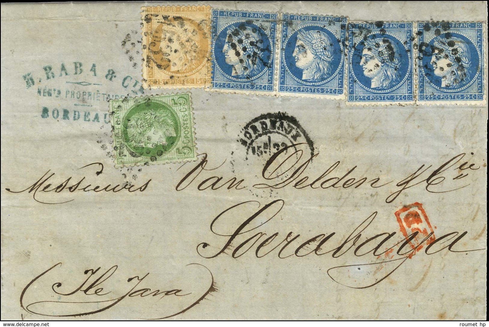 GC 532 / N° 53 + 55 + 60 (4) Càd BORDEAUX (32) Sur Lettre Pour Soerabaya (Ile De Java). Au Verso, Càd D'arrivée. 1874. - - 1871-1875 Cérès