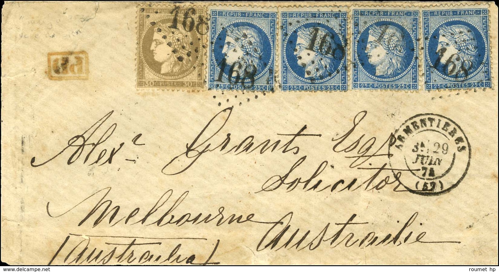 GC 168 / N° 56 + 60 (4) Càd T 17 ARMENTIERES (57) Sur Lettre Pour Melbourne (Australie) Par La Voie De Brindisi. Au Vers - 1871-1875 Cérès