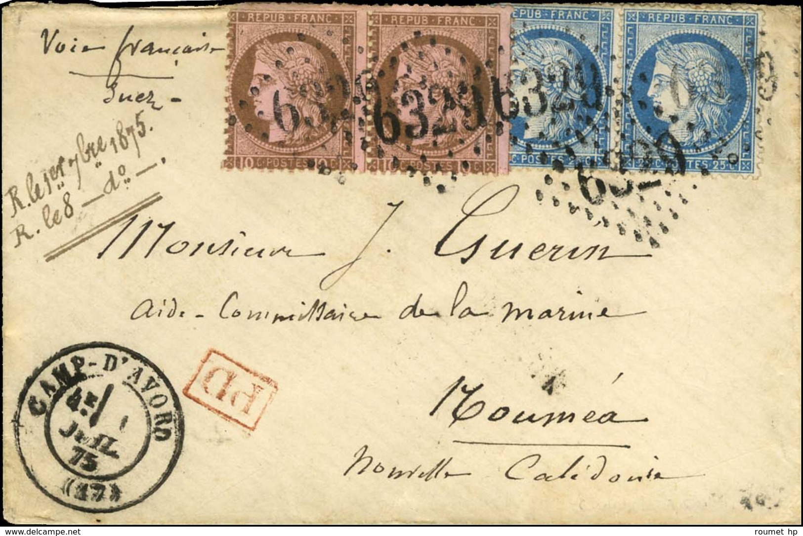 GC 6329 / N° 54 Paire + 60 Paire Càd T 17 CAMP-D'AVORD (17) 1 JUIL. 75 Sur Lettre Adressée Par La Voie De Marseille Et S - 1871-1875 Ceres