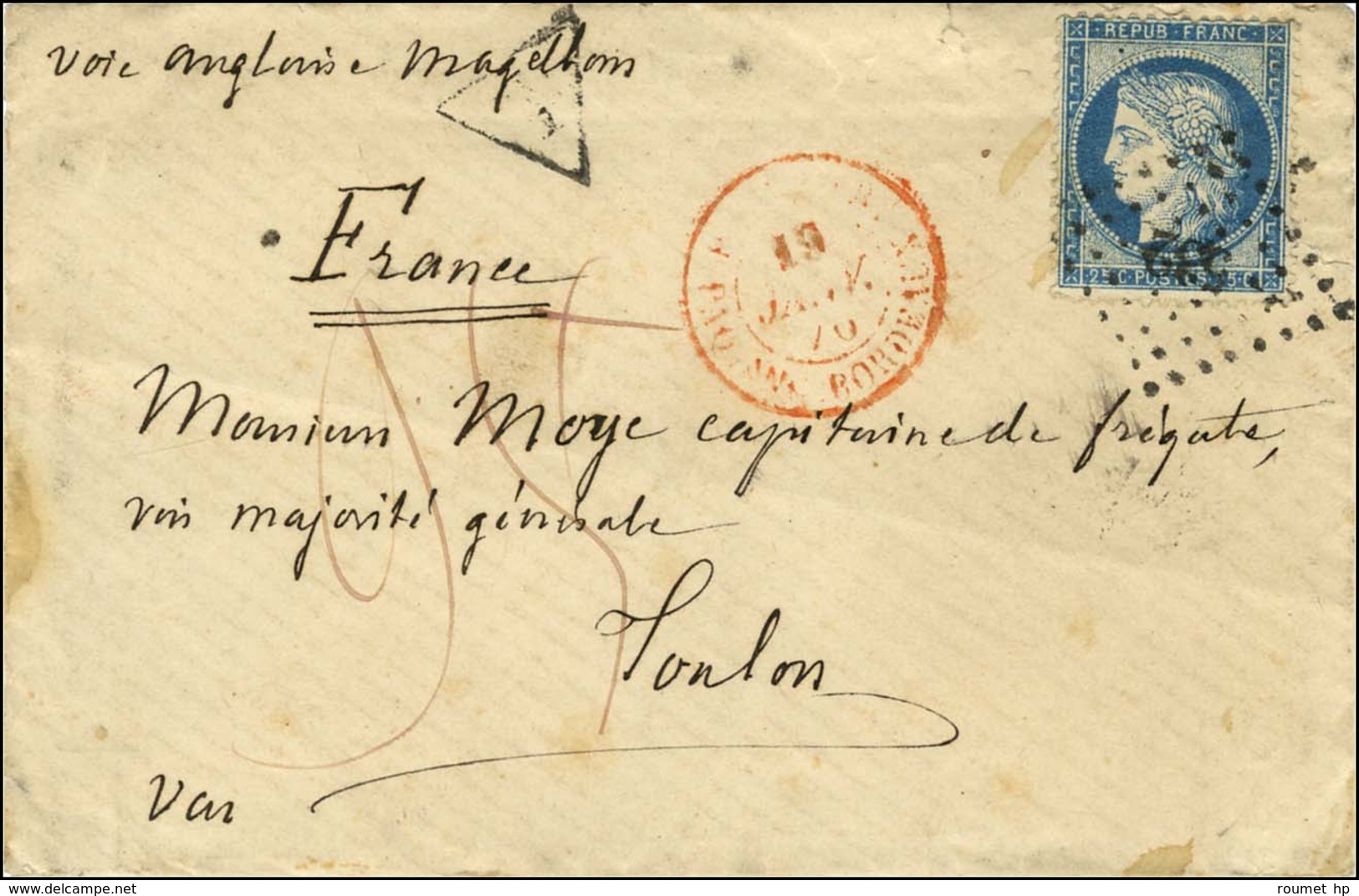 Lettre écrite à Bord D'un Bâtiment De La Station Navale De L'Océan Pacifique Pour Toulon Au Tarif De Militaire Adressée  - 1871-1875 Ceres