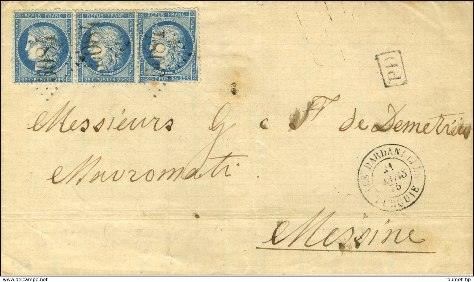 GC 5084 / N° 60 (3) Càd LES DARDANELLES / TURQUIE Sur Lettre Pour Messine. Au Verso, Càd D'arrivée. 1875. - TB. - R. - 1871-1875 Ceres