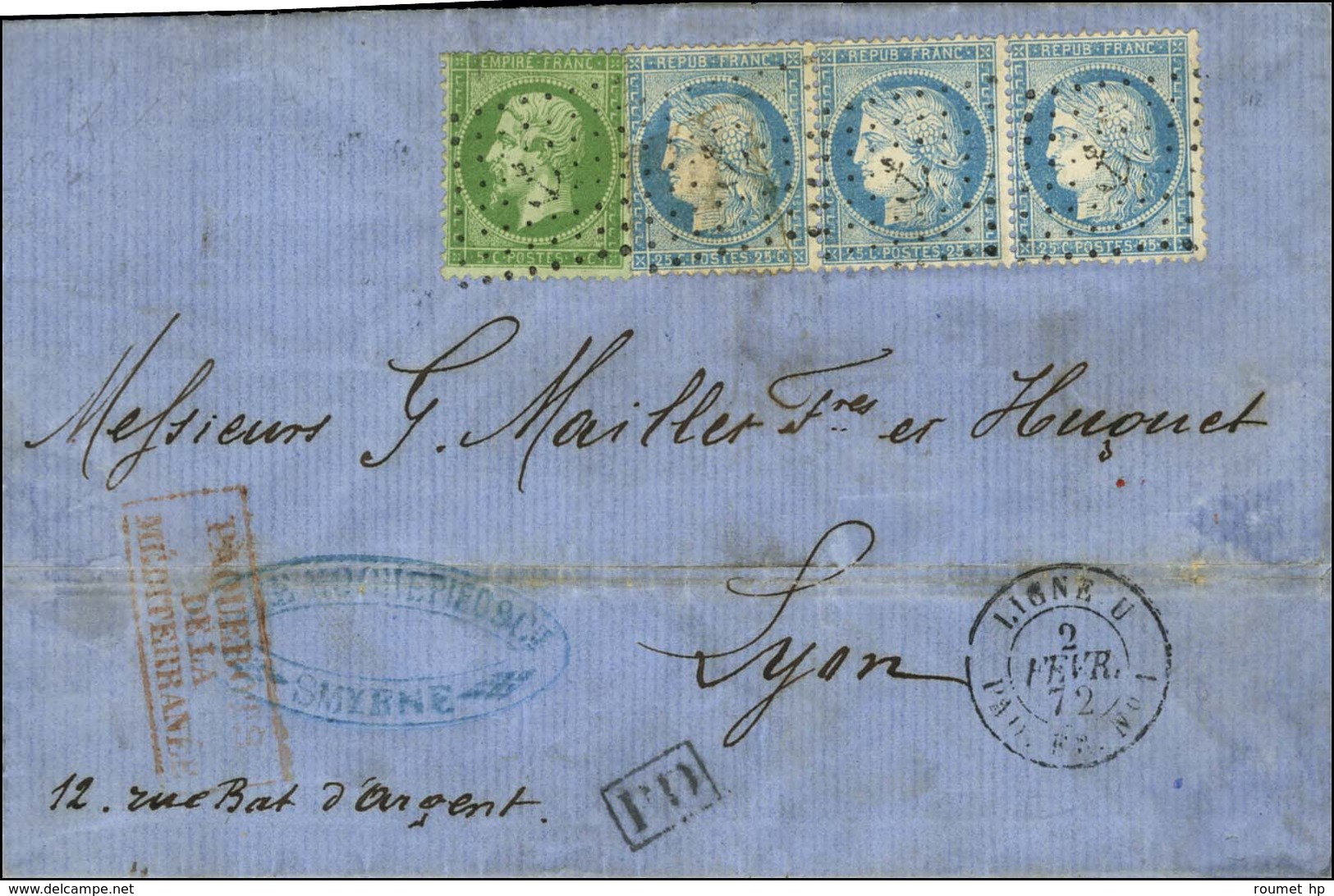 Ancre / N° 20 + 60 Bande De 3 Càd LIGNE U / PAQ. FR N° 1 Sur Lettre Avec Texte Daté De Smyrne Pour Lyon. 1872. - TB. - R - 1871-1875 Ceres