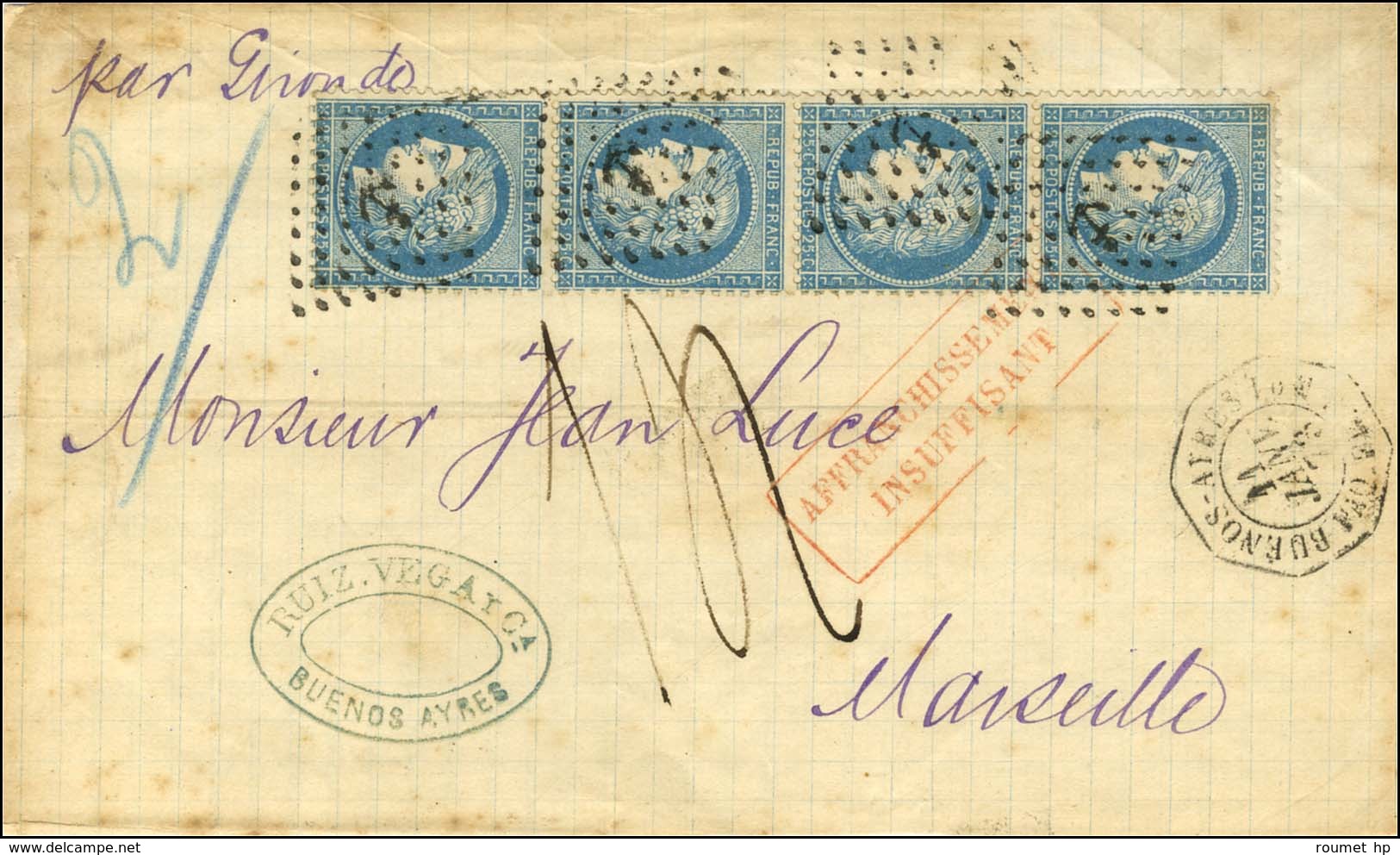 Ancre / N° 60 Bande De 4 Càd Octo BUENOS-AYRES / PAQ. FR J N° 1 Sur Lettre 2 Ports Insuffisamment Affranchie Pour Marsei - 1871-1875 Ceres