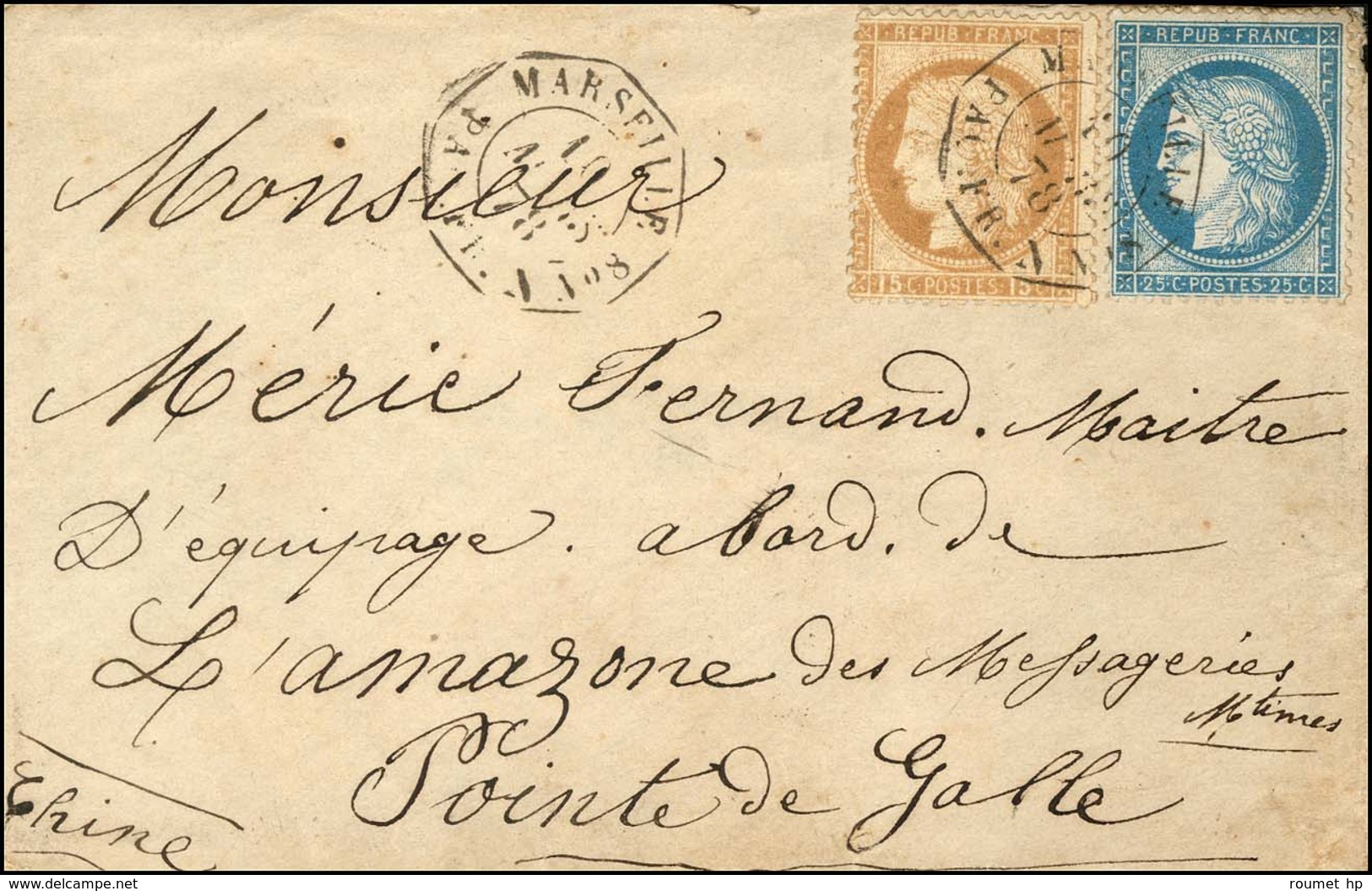 Càd Octo MARSEILLE / PAQ. FR. N N°8 / N° 55 + 60 Sur Lettre Pour Un Maitre D'équipage à Bord De L'Amazone à Pointe De Ga - 1871-1875 Cérès