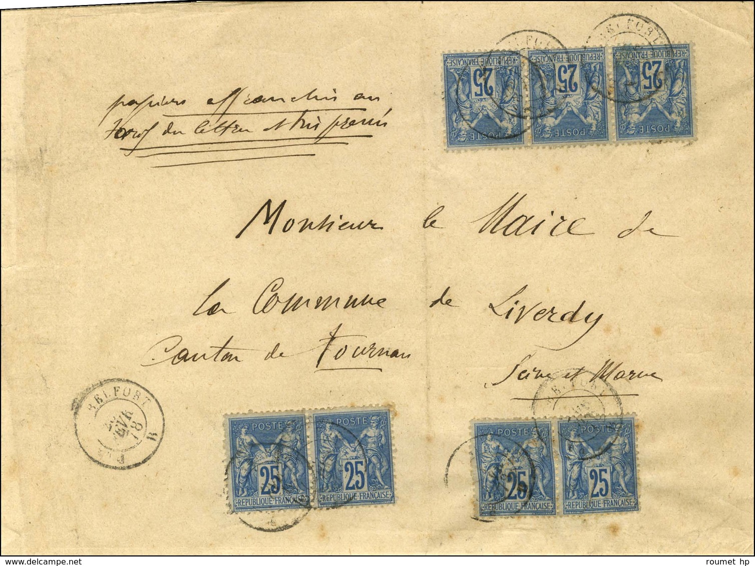 Càd PARIS A BELFORT / N° 79 Paire (2) + Bande De 3 Sur Papiers D'affaires Affranchis Comme Lettre Par Souci De Rapidité  - 1876-1878 Sage (Type I)