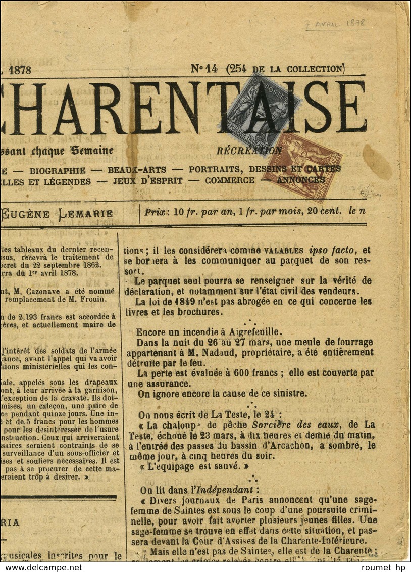 Oblitération Typo / N° 83 + 85 Sur Journal Entier LA CHRONIQUE CHARENTAISE Du 7 Avril 1878 Au 2ème échelon Rayon Général - 1876-1878 Sage (Type I)