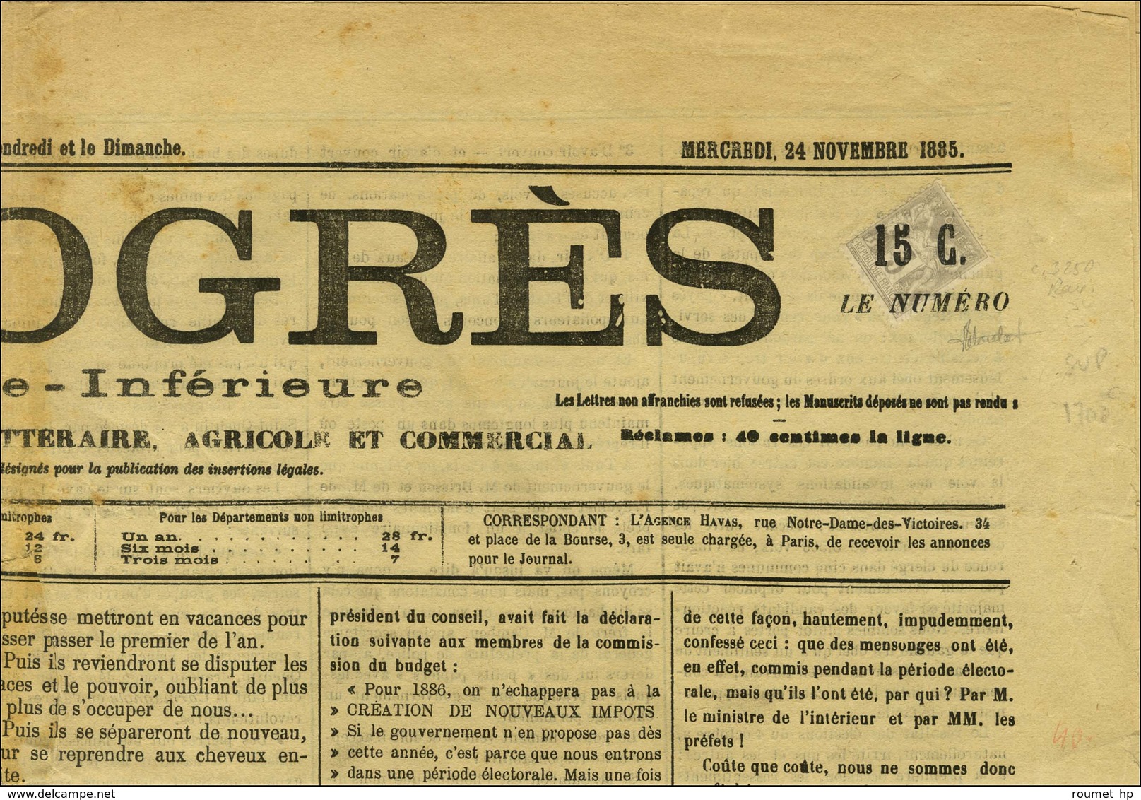 Oblitération Typo / N° 87 Sur Journal Entier Le Progrès Daté Du Mercredi 24 Novembre 1885. - TB / SUP. - RR. - 1876-1878 Sage (Type I)