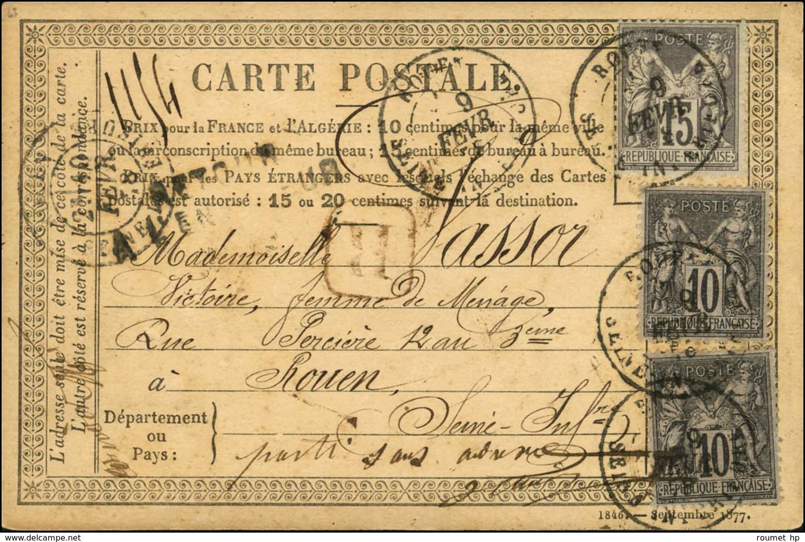 Càd T 18 ROUEN / SEINE INFERIEURE / N° 77 + 89 (2) Sur Carte Précurseur Adressée Localement. 1878. - TB. - R. - 1876-1878 Sage (Type I)