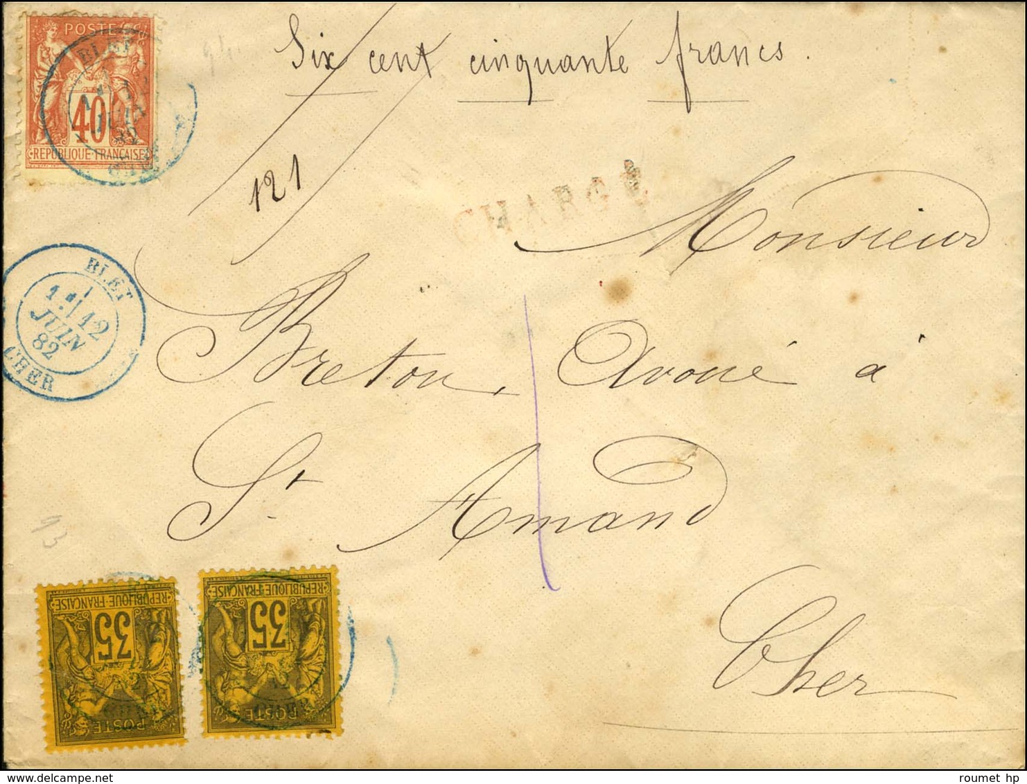 Càd Bleu T 18 BLET / CHER / N° 93 (2) + N° 94 Sur Lettre Chargée 1882. - TB. - R. - 1876-1878 Sage (Type I)