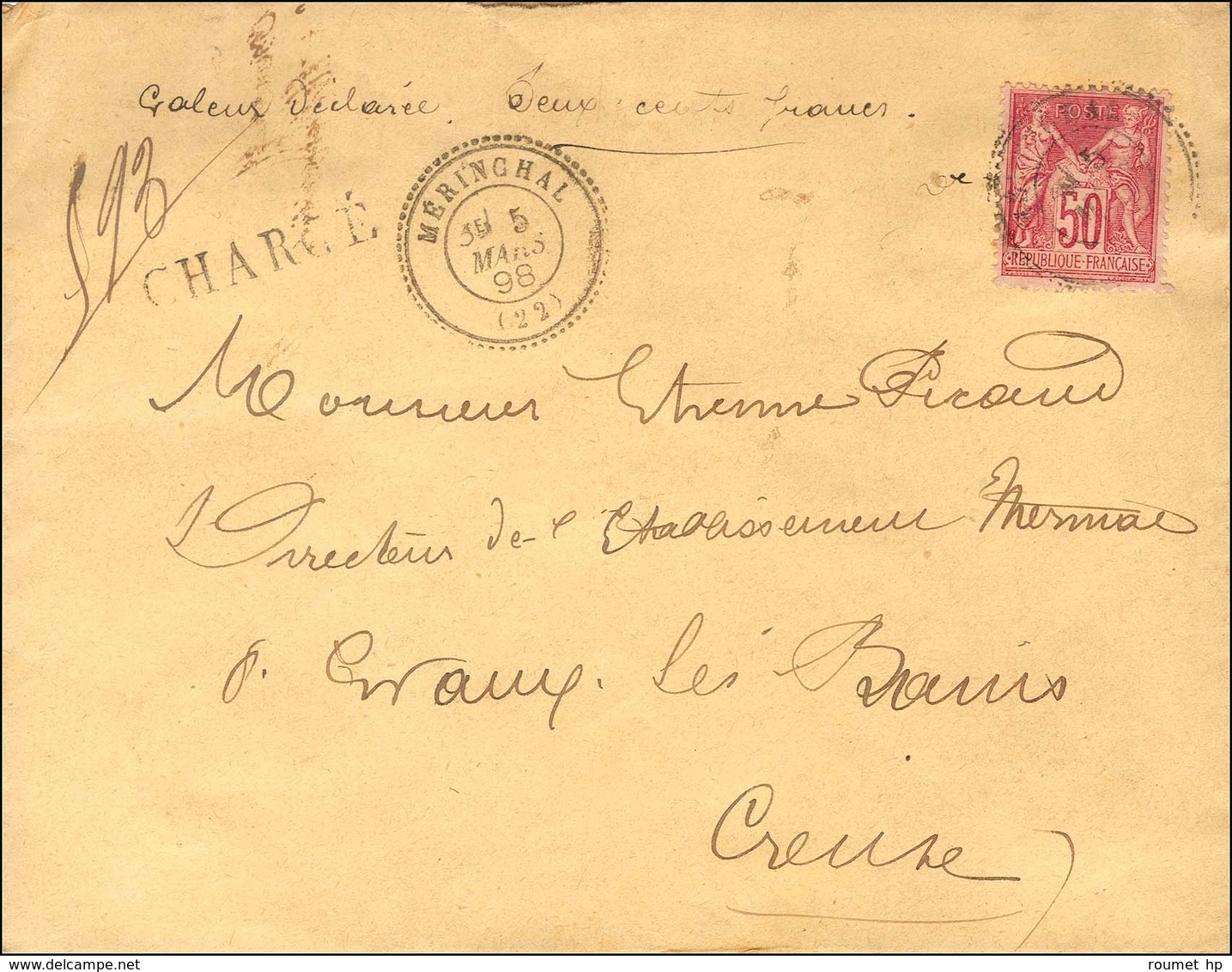Càd T 24 MERINCHAL (22) / N° 98 Sur Lettre Chargée Au 1er échelon. 1898. - TB. - 1876-1878 Sage (Type I)