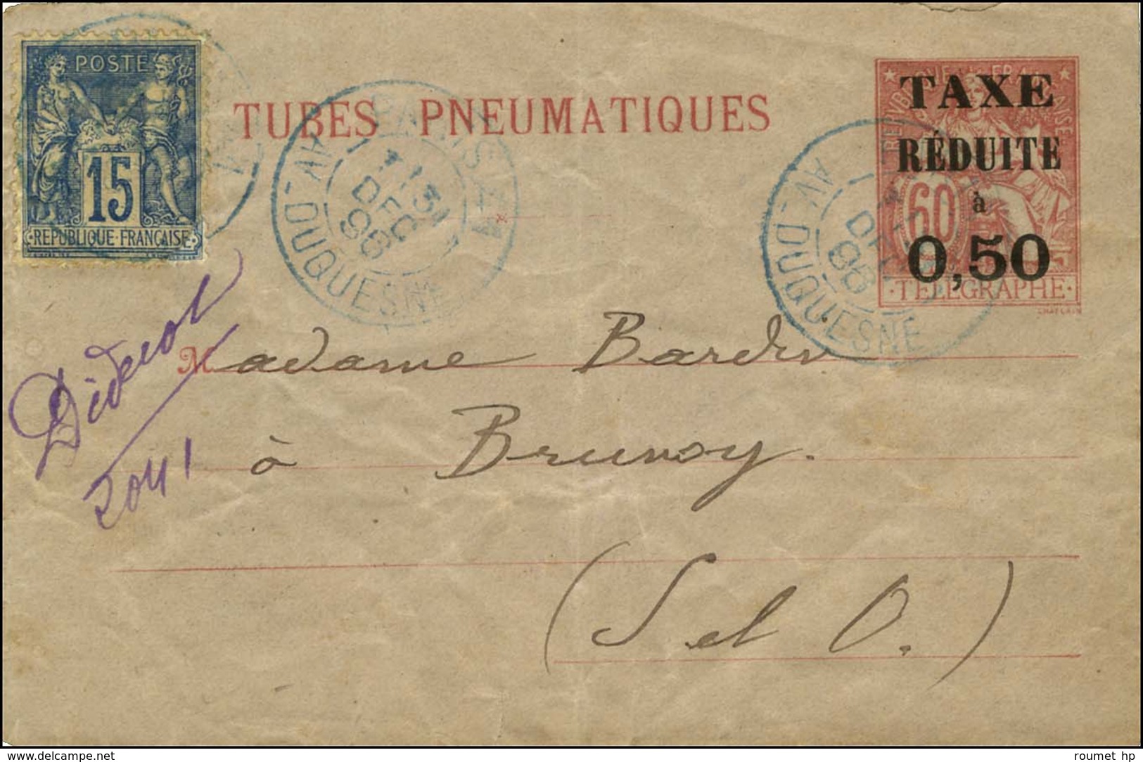 Càd Bleu PARIS (41) / AV. DUQUESNE Sur Enveloppe Pneumatique à 50c + N° 90 Pour Brunoy. 1896. Très Rare Pneumatique Hors - 1876-1878 Sage (Type I)