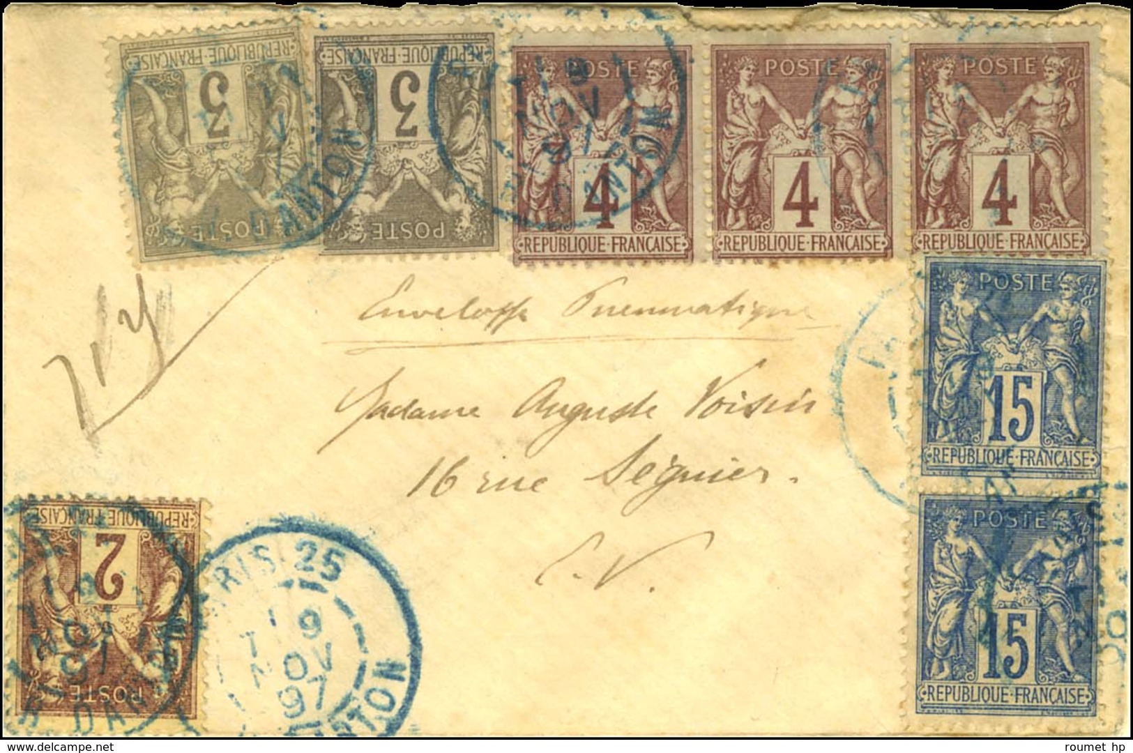 Càd Bleu PARIS (25) / RUE DANTON / N° 85 + 86 (2) + 88 (3) + 90 (2) Sur Enveloppe Pneumatique Pour Paris. 1897. Exceptio - 1876-1878 Sage (Type I)