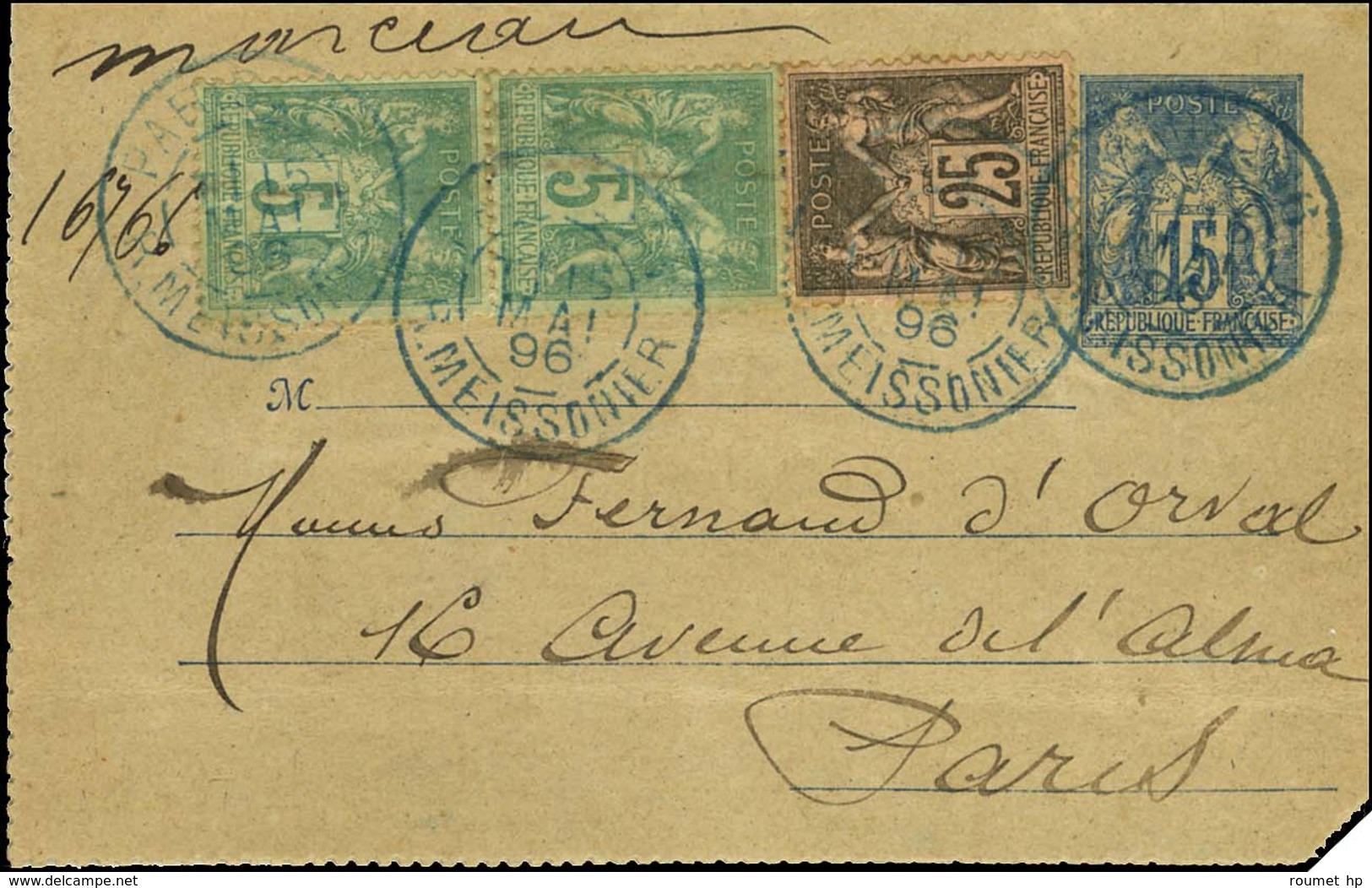 Càd Bleu PARIS (66) / R. MEISSONNIER Sur Entier 15c + N° 75 (2) + 97 Sur Carte Lettre Close Circulant Dans Le Réseau Pne - 1876-1878 Sage (Type I)