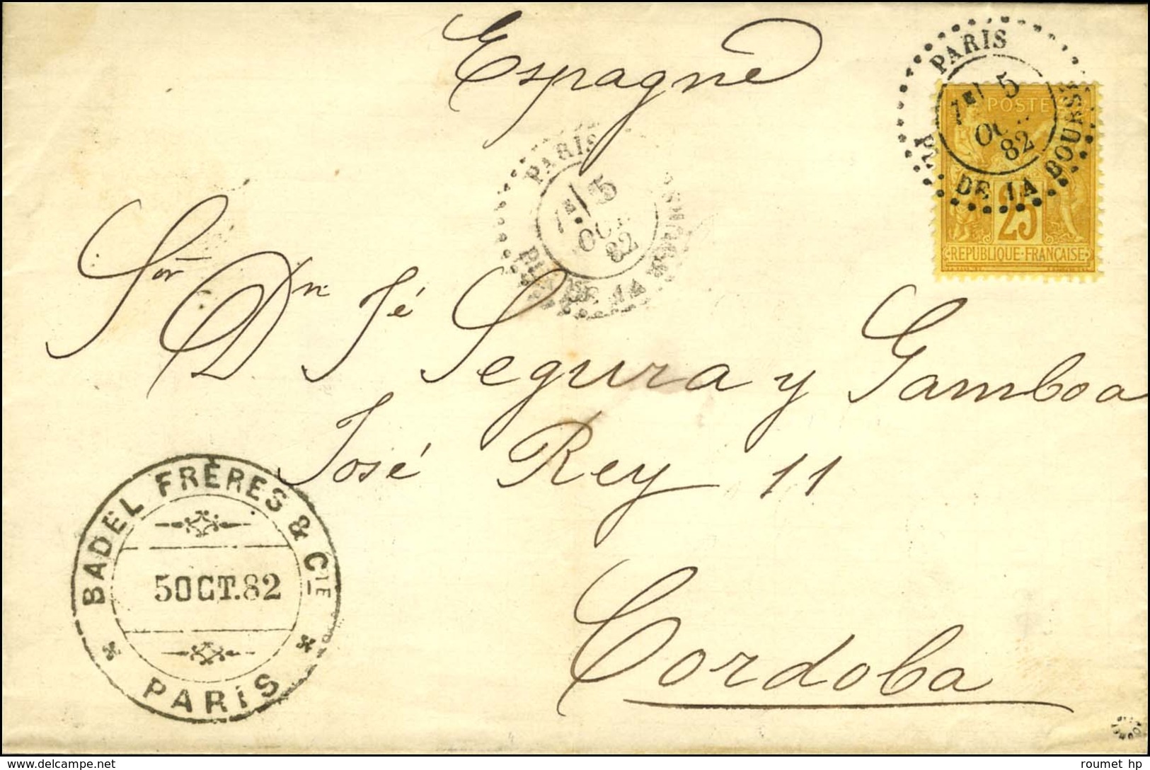 Càd D'essai PARIS / PL. DE LA BOURSE Type 4 / N° 92 Sur Lettre Pour Cordoba (Espagne). 1882. - SUP. - 1876-1878 Sage (Type I)