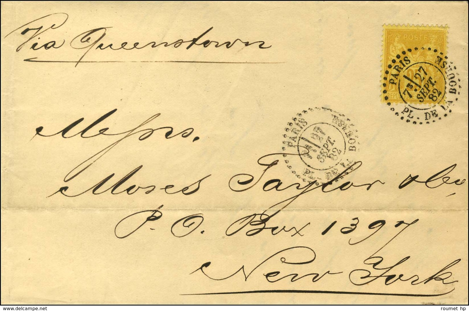 Càd D'essai PARIS / PL. DE LA BOURSE Type 4 / N° 92 Sur Lettre Pour New York (Etats-Unis). 1882. - SUP. - 1876-1878 Sage (Type I)