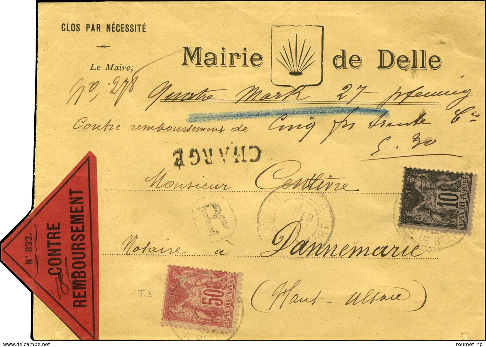 Càd DELLE / TERRITOIRE DE BELFORT / N° 103 + 104 Sur Lettre Chargée Avec étiquette Rouge Triangulaire Contre Rembourseme - 1876-1878 Sage (Type I)