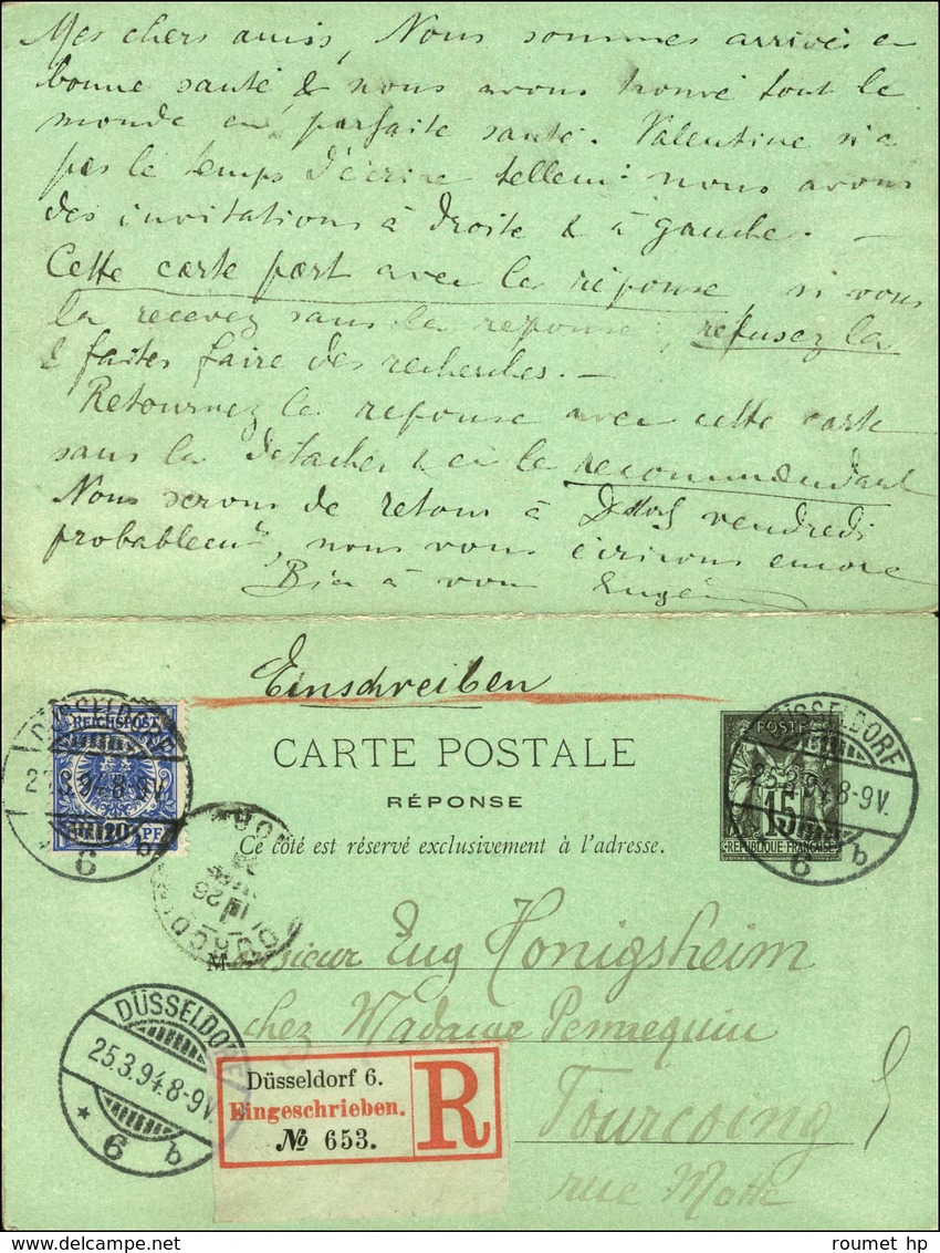 Càd TOURCOING / NORD Sur Entier 15c + N° 75 + 90, Recommandé Avec Réponse Payée Pour Dusseldorf. Au Verso, Entier Carte  - 1876-1878 Sage (Type I)