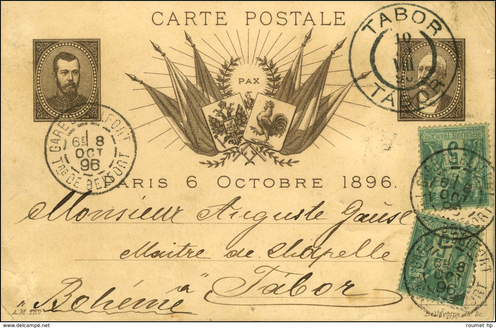 Càd GARE DE BELFORT / N° 75 (2) (1 Ex Def) Sur Carte Postale Commémorative De La Visite Du Tsar Nicolas II à Paris à Des - 1876-1878 Sage (Type I)