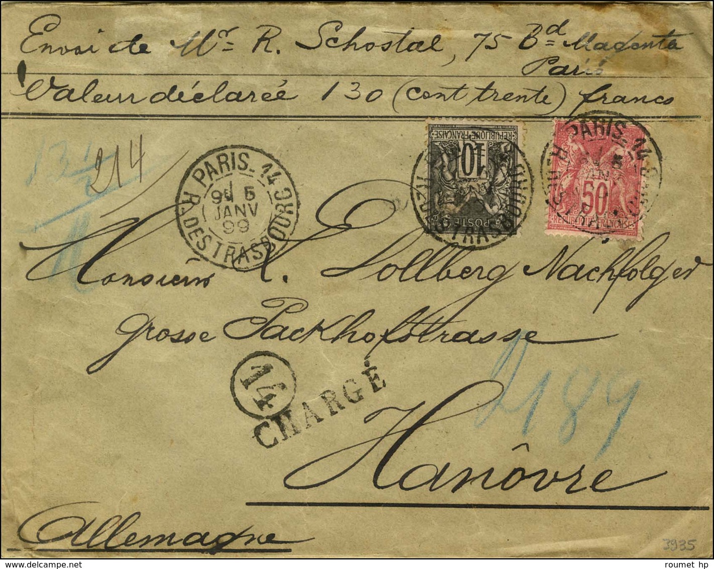 Càd PARIS 14 / R. DE STRASBOURG / N° 89 + 98 Sur Lettre Chargée Pour Hanovre. 1899. - TB / SUP. - 1876-1878 Sage (Type I)