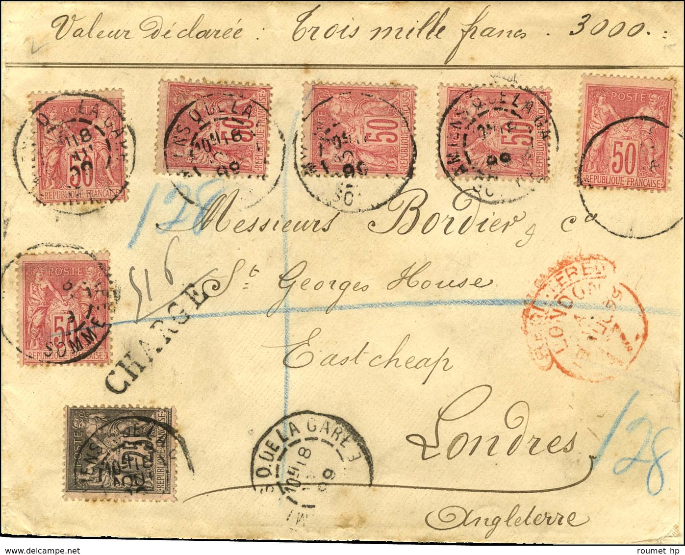 Càd AMIENS Q. DE LA GARE / SOMME / N° 97 + 98 (6) Sur Lettre Chargée 4 Ports Pour Londres Avec VD 3000F. Les Lettres Cha - 1876-1878 Sage (Type I)