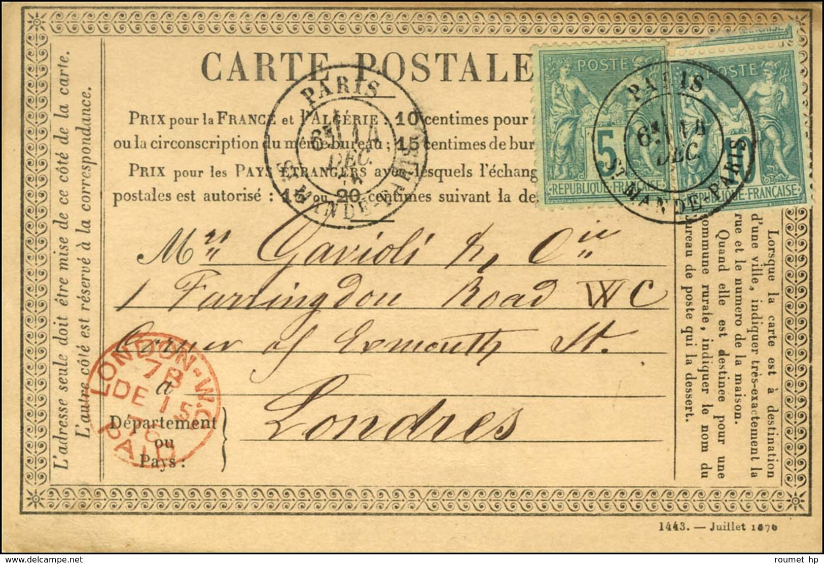 Càd PARIS / ST MANDE PARIS / N° 65 + 75 Sur CP Pour Londres. 1878. - TB / SUP. - 1876-1878 Sage (Type I)