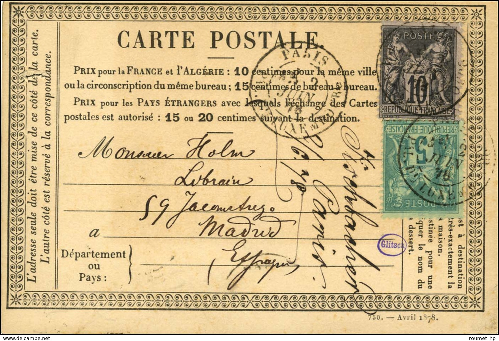 Càd PARIS / PAL. DU LUXEMBOURG  / N° 75 + 89 Sur Carte Pour Madrid. 1878. - TB. - 1876-1878 Sage (Type I)