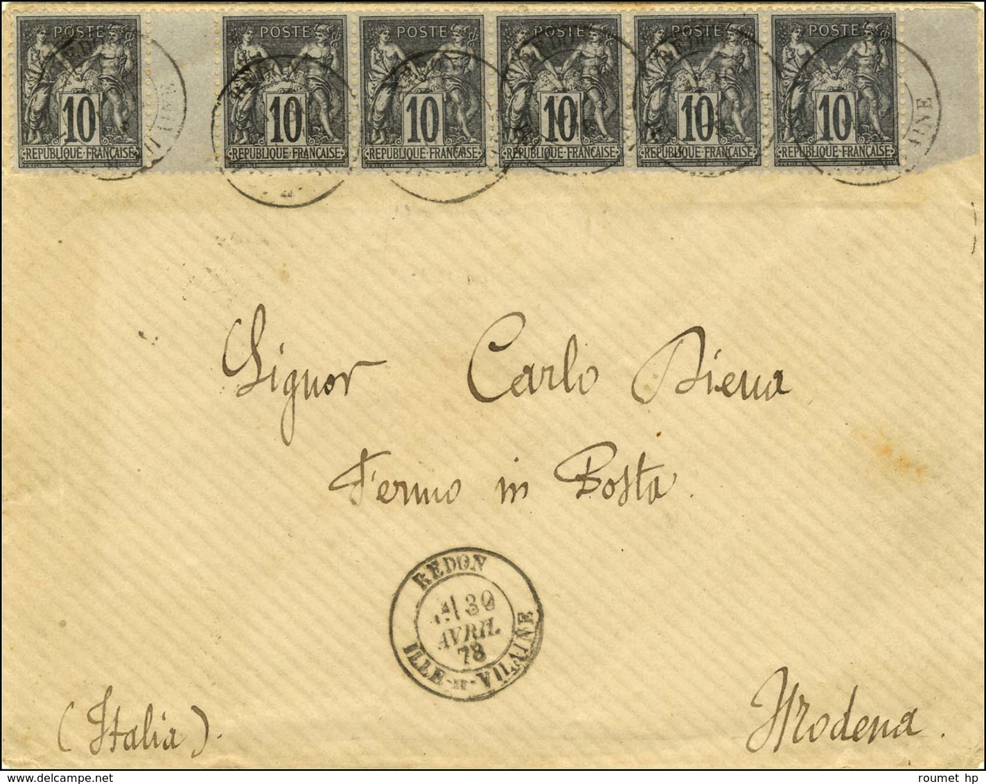 Càd T 18 REDON / ILE ET VILAINE 30 AVRIL 78 / N° 89 Bande De 6 Dont 2 Ex Avec Interpanneaux Sur Lettre Pour Modena (Ital - 1876-1878 Sage (Type I)