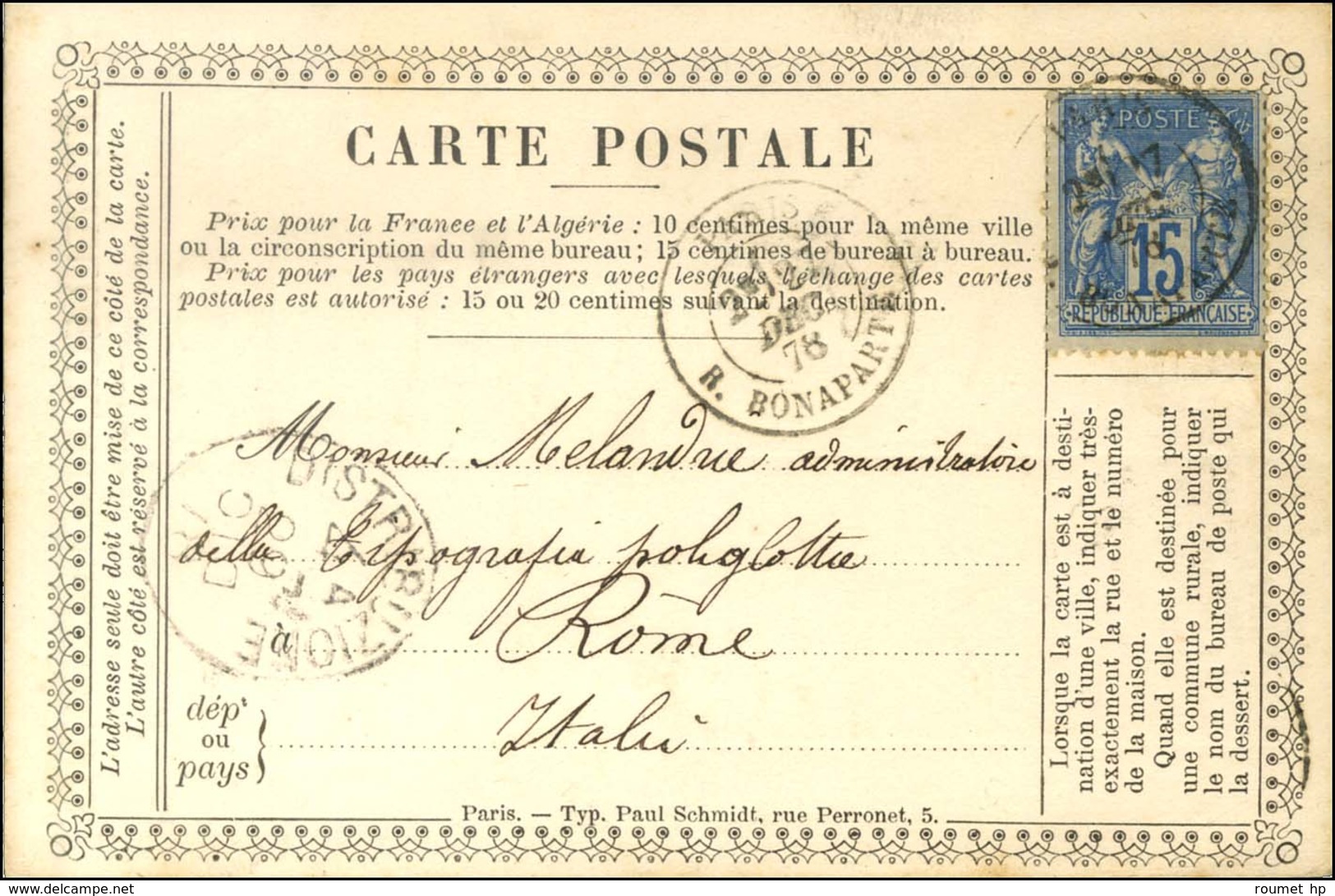 Càd PARIS / R. BONAPARTE / N° 90 Sur Carte Postale De Fabrication Privée Lethielleux Pour Rome. 1878. - SUP. - 1876-1878 Sage (Type I)