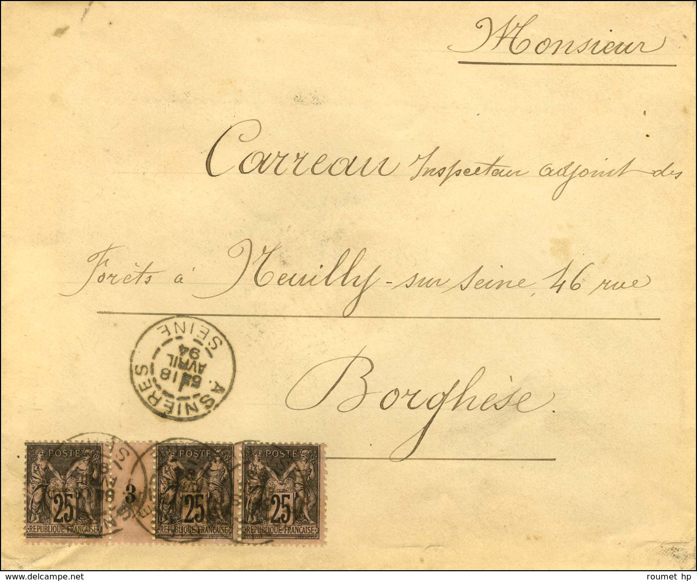 Càd ASNIERES / SEINE / N° 97 Bande De 3 Dont Paire Millésimée 3 Sur Lettre 2 Ports Pour Borghese. 1894. - TB / SUP. - R. - 1876-1878 Sage (Type I)