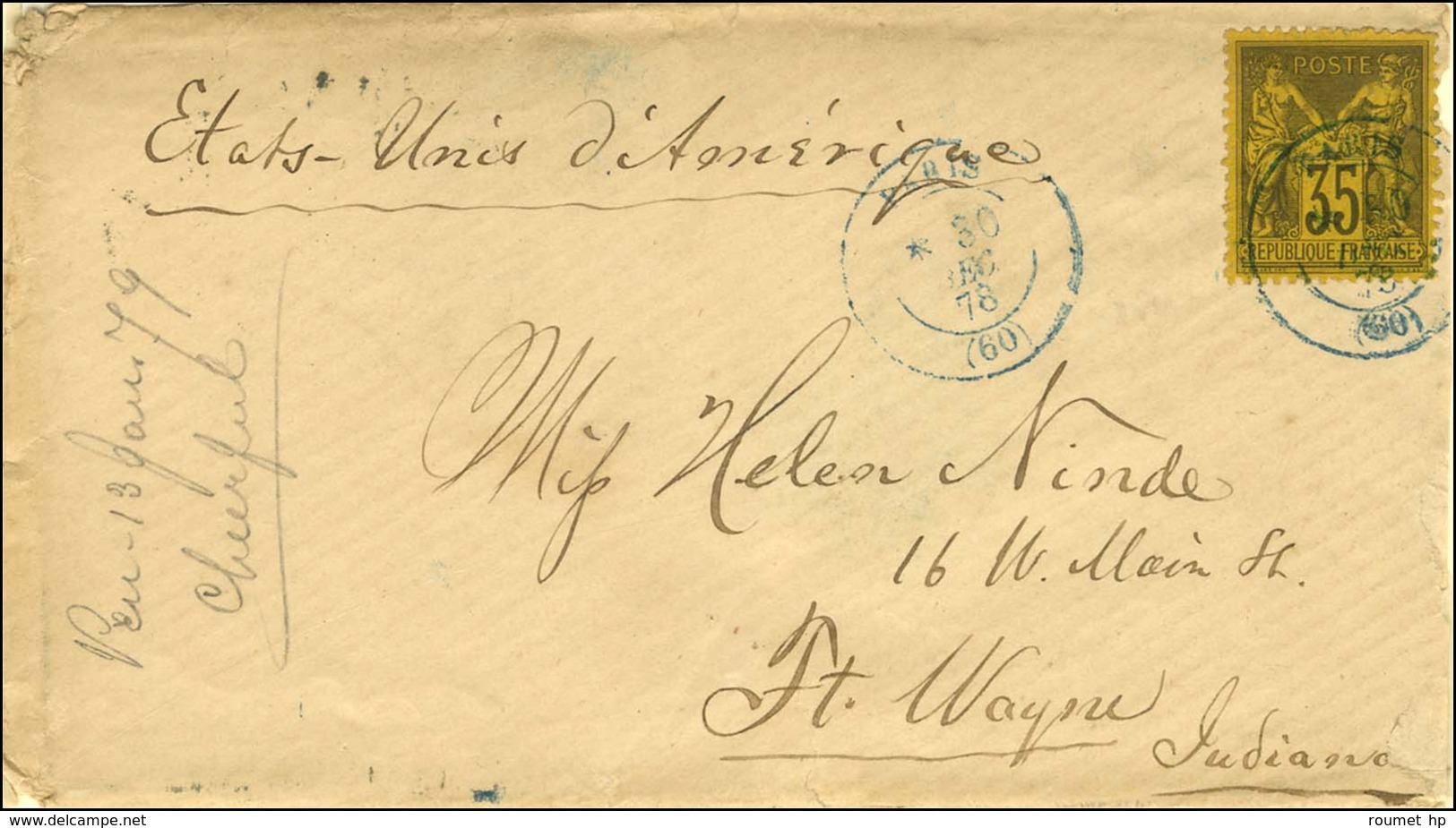 Càd Bleu PARIS (60) / N° 93 Sur Lettre Pour Fort Wayne (Indiana). 1878. - TB / SUP. - 1876-1878 Sage (Type I)