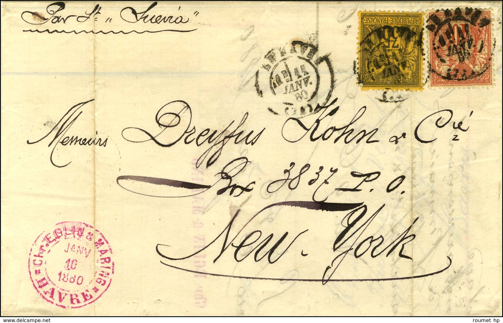 Càd LE HAVRE (74) / N° 70 + 93 Sur Lettre 3 Ports Pour New York. 1880. - TB. - R. - 1876-1878 Sage (Type I)