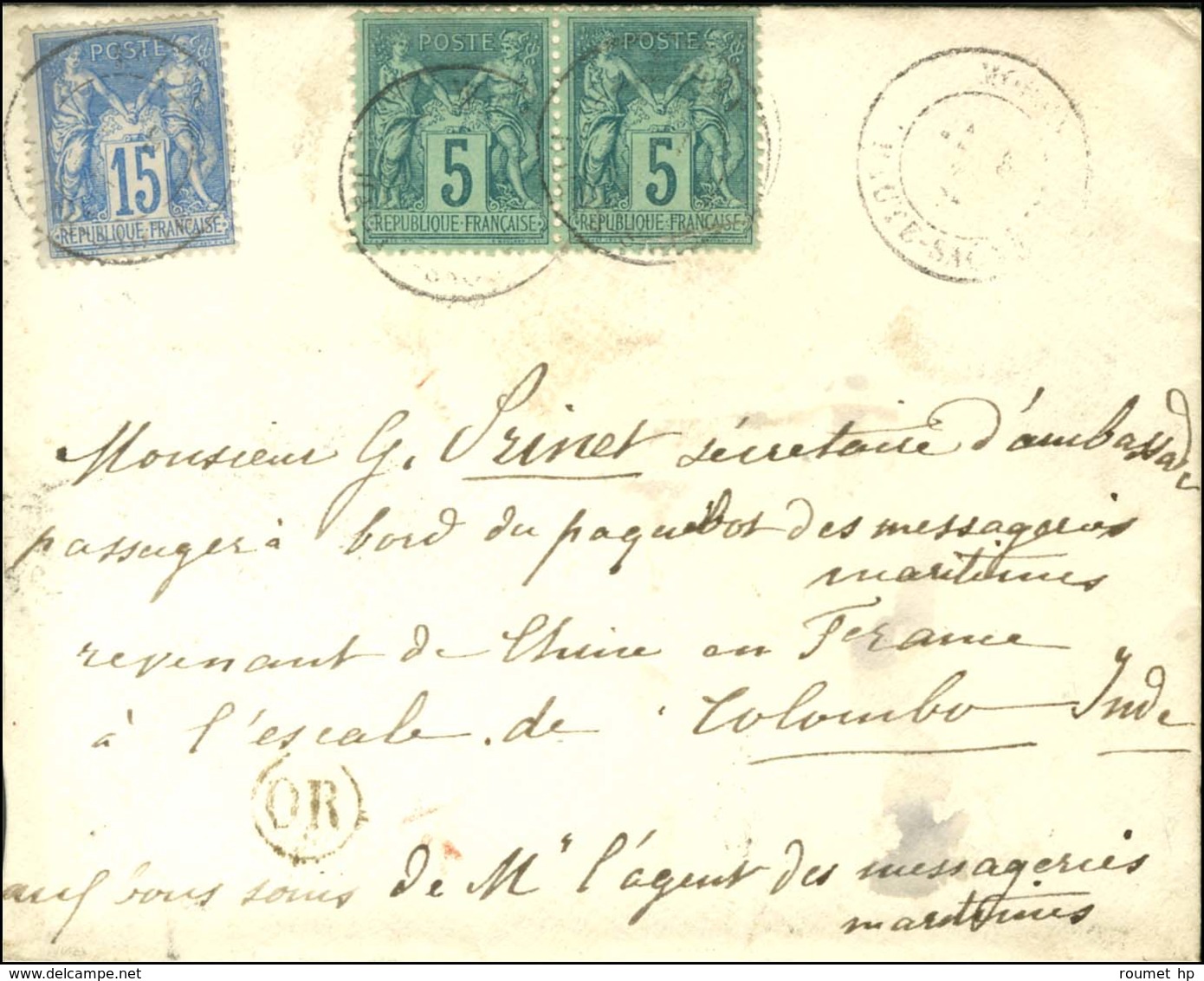 Càd T 18 MORET / HAUTE- SAÔNE / N° 75 (2) + 90 Sur Lettre Adressée à L'escale De Colombo. 1885. - TB. - R. - 1876-1878 Sage (Type I)