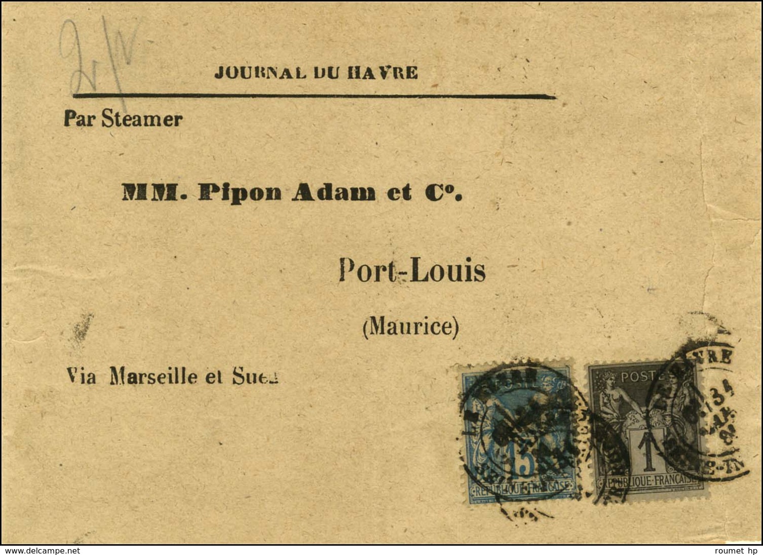 Càd T 18 LE HAVRE / SEINE INFERIEURE / N° 83 + 90 Sur Bande Du Journal LE HAVRE Adressé En Double Port à Port Louis Ile  - 1876-1878 Sage (Type I)