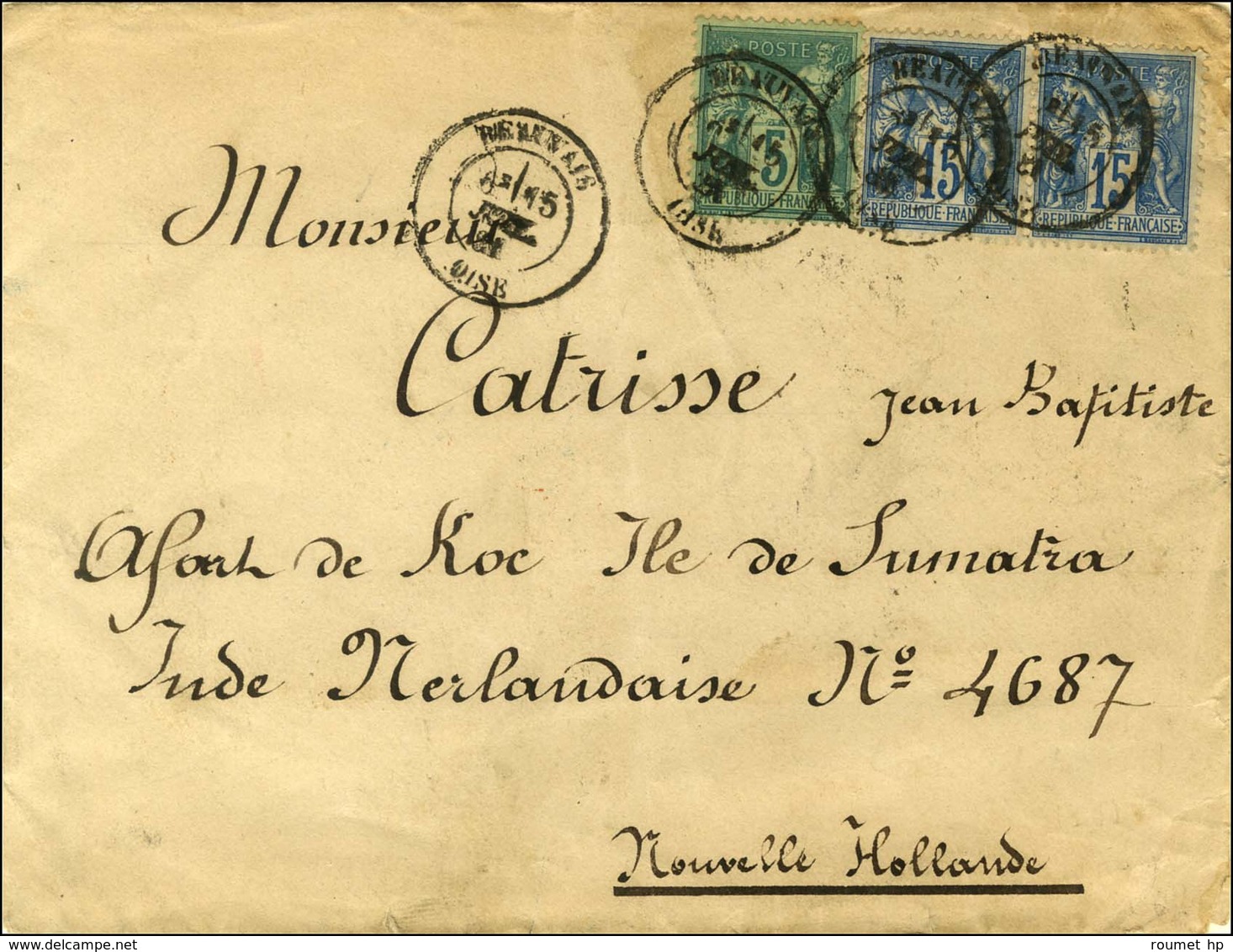 Càd T 18 BEAUVAIS / OISE / N° 75 + 90 (2) Sur Lettre Pour L'Ile De Sumatra (Inde Néerlandaise). Au Verso, Càd D'arrivée. - 1876-1878 Sage (Type I)