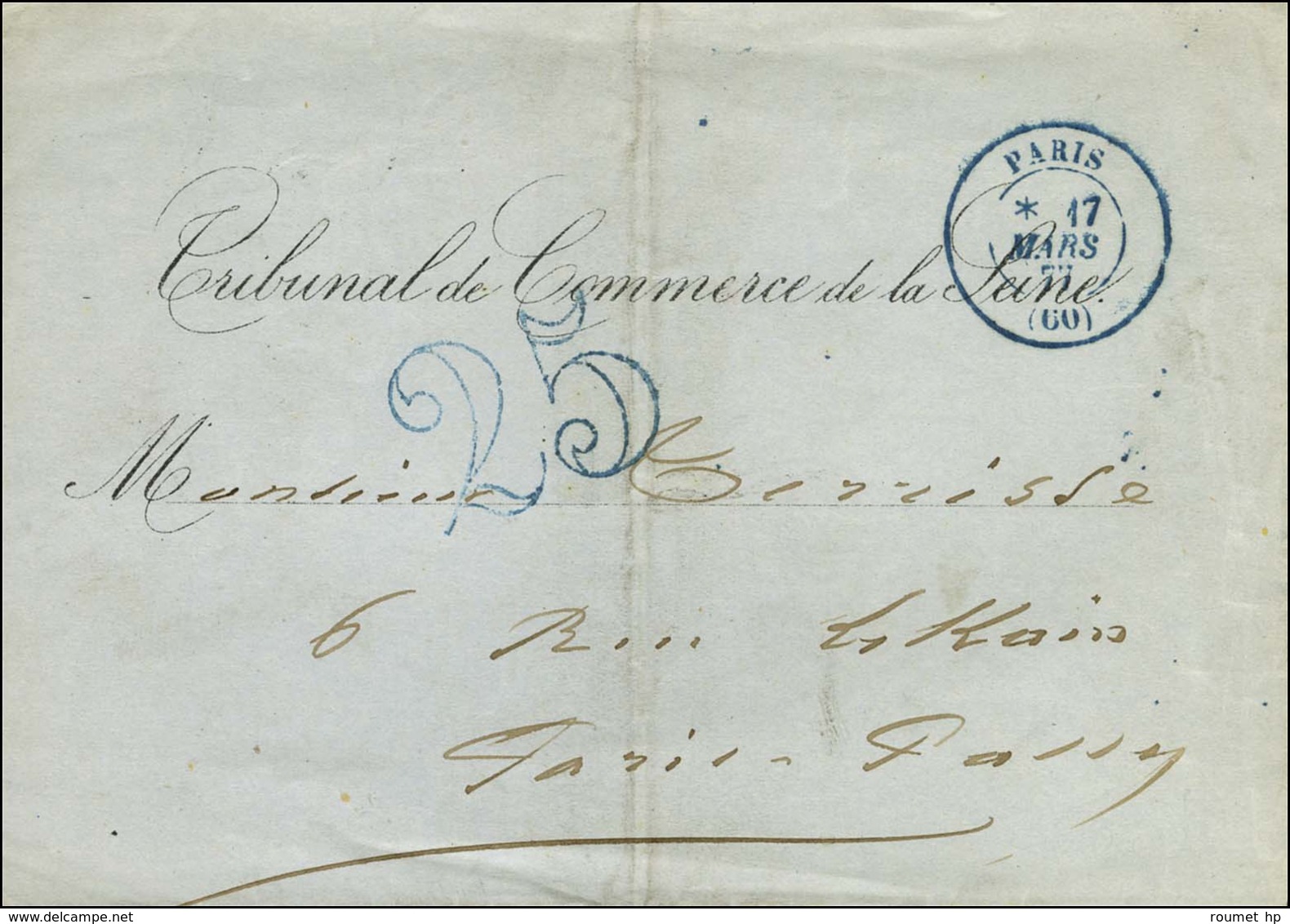 Càd Bleu PARIS (60) Taxe 25 DT Bleue Sur Lettre Pour Paris Passy. 1877. - SUP. - 1859-1959 Brieven & Documenten