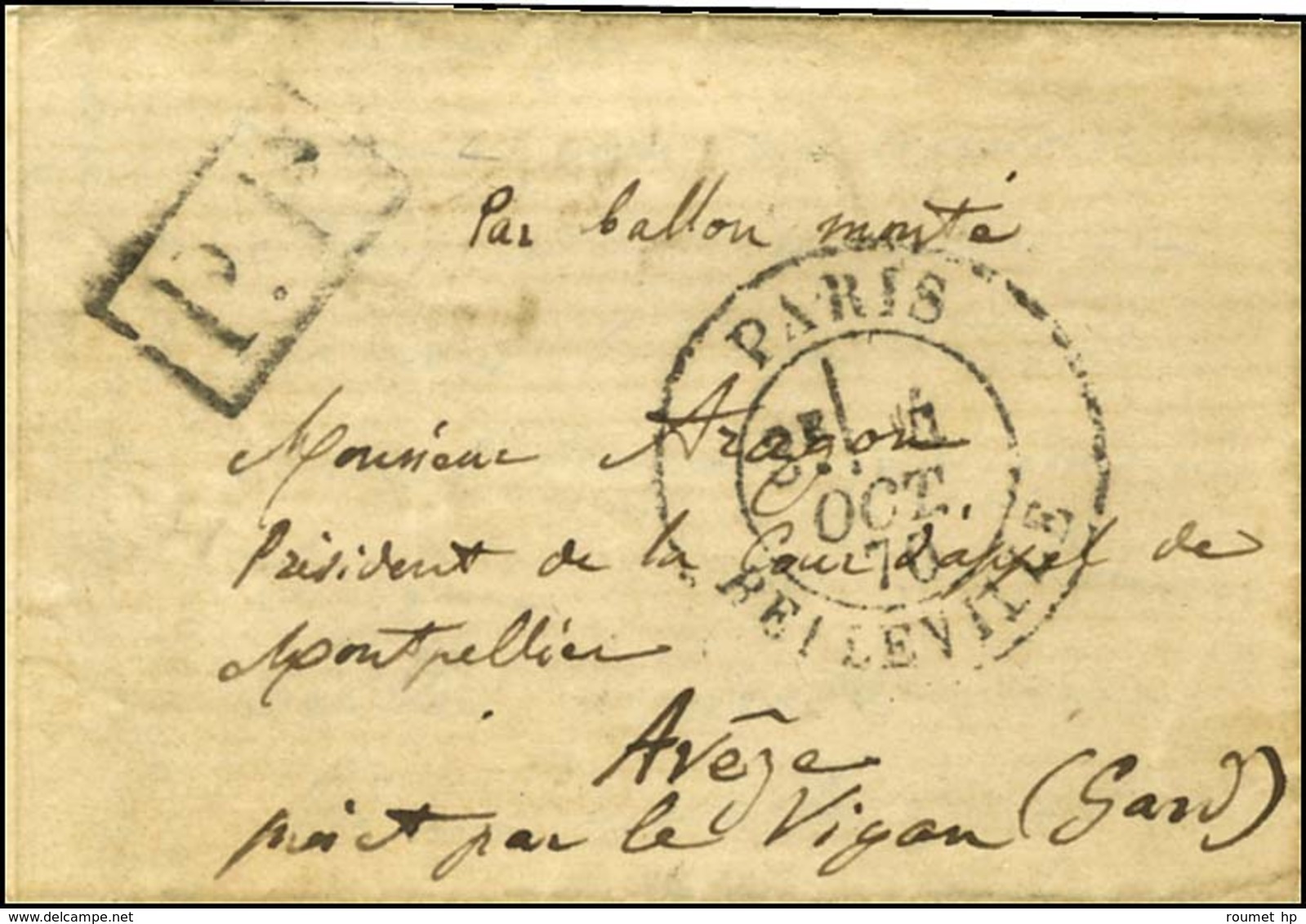 Càd PARIS / BELLEVILLE 4 OCT. 70 + P.P. Sur Lettre (petit Format) Adressée à Nimes. Au Verso, Càd D'arrivée 16 OCT. 70.  - Oorlog 1870