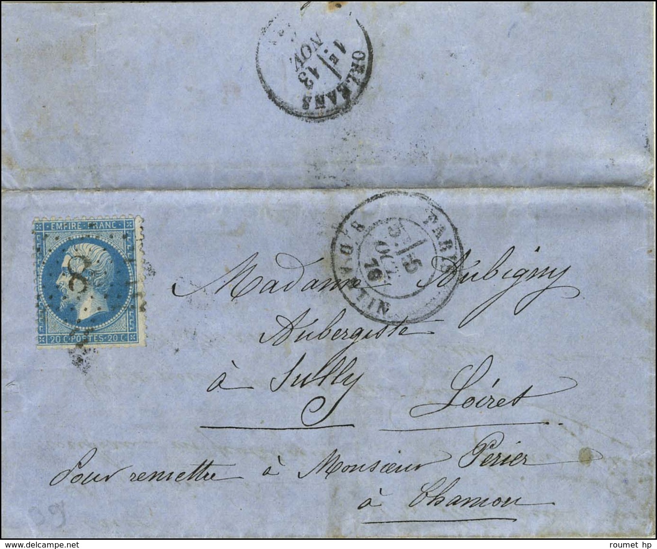 Etoile 8 / N° 22 (Empire Dentelé) Càd PARIS / R. D'ANTIN 5 OCT. 70 Sur Lettre Pour Sully (Loiret, Zone Occupée), Au Vers - Guerre De 1870