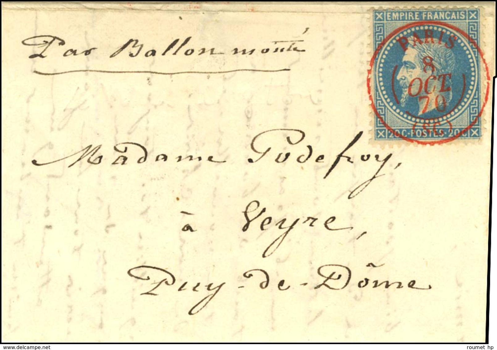 Càd Rouge PARIS (SC) 8 OCT. 70 / N° 29 Sur Lettre Pour Veyre (Puy De Dôme), Au Verso Cachet Orné Du Ministère Des Financ - Oorlog 1870