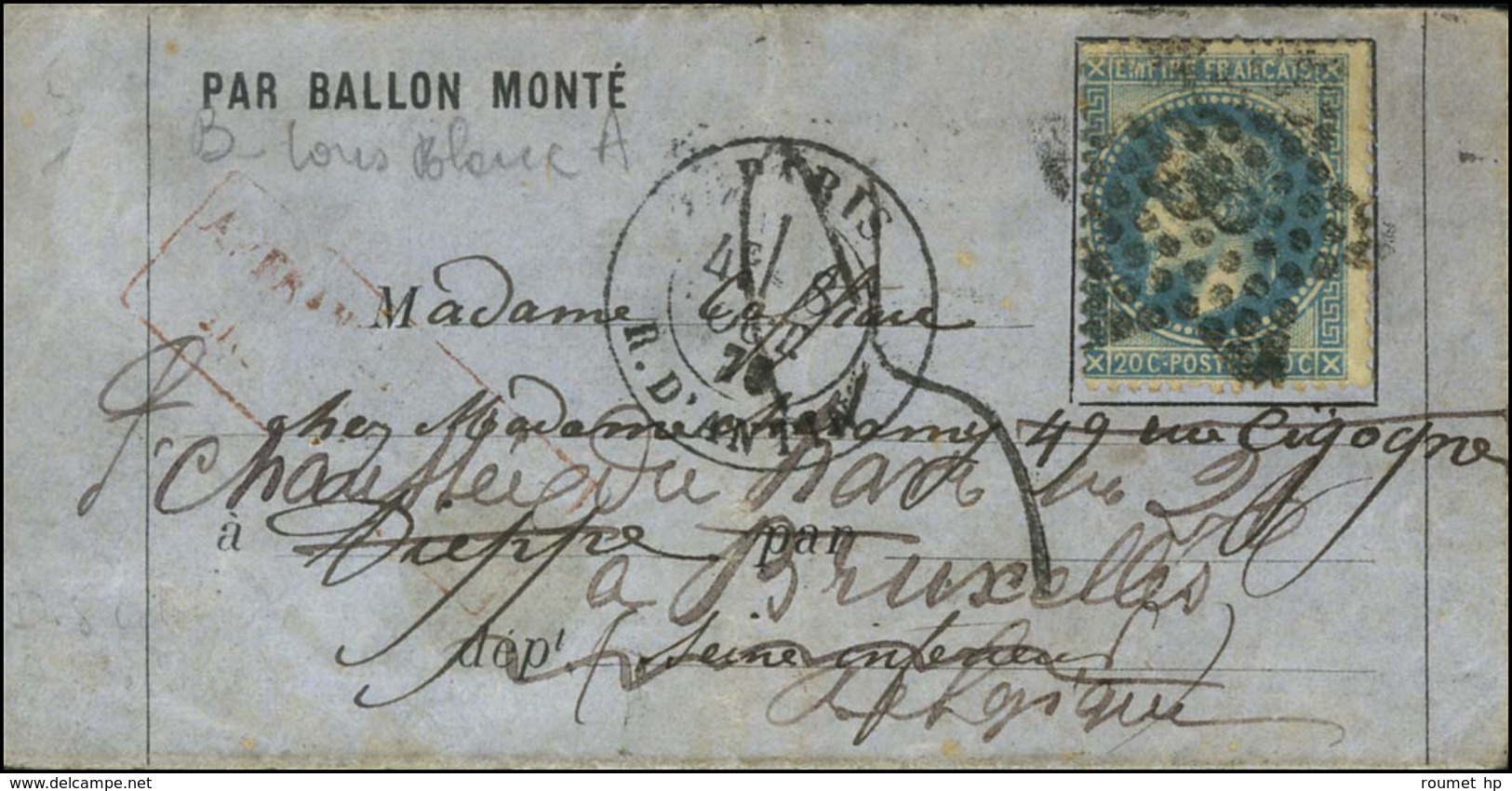 Etoile 8 / N° 29 Càd PARIS / R. D'ANTIN Sur Lettre PAR BALLON MONTE Adressée à Dieppe Et Réexpédiée à Bruxelles à L'aide - War 1870