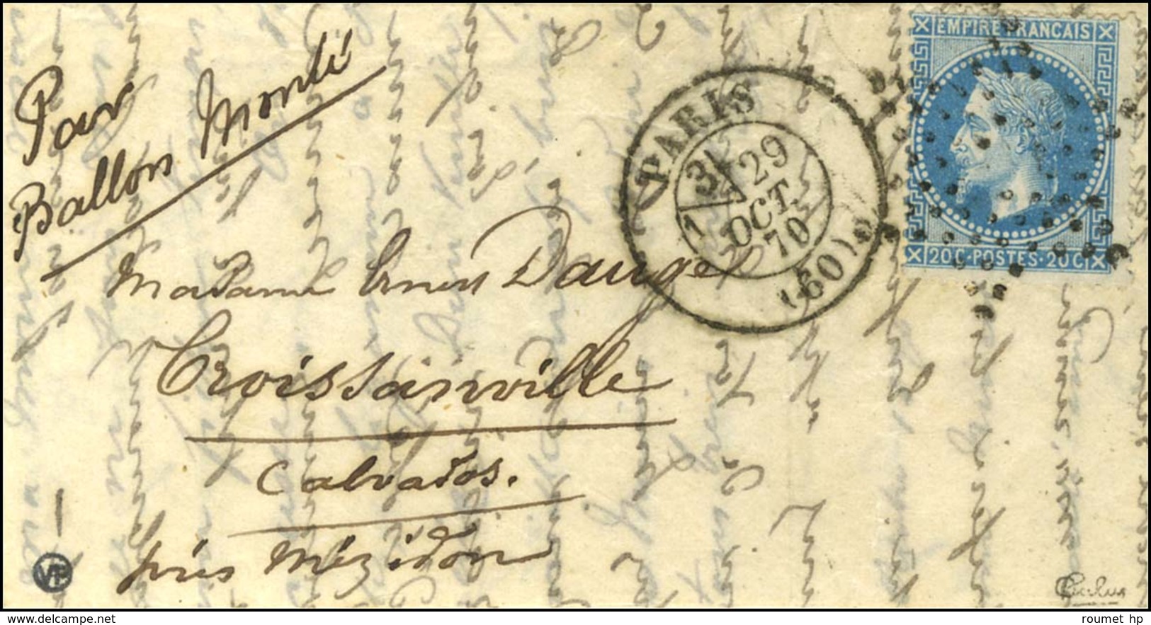 Etoile évidée / N° 29 Càd PARIS (60) 29 OCT. 70 Sur Lettre Pour Croissanville, Au Verso Càd D'arrivée 5 NOV. 70 2e Levée - Oorlog 1870