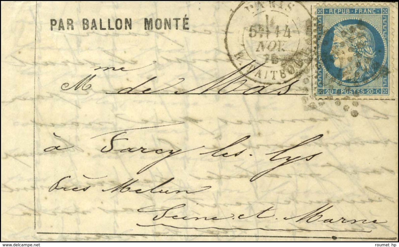 Etoile 22 / N° 37 Càd PARIS / R. TAITBOUT 14 NOV. 70 Sur Lettre PAR BALLON MONTÉ Avec Texte Daté De Courbevoie Le 14 Nov - Oorlog 1870