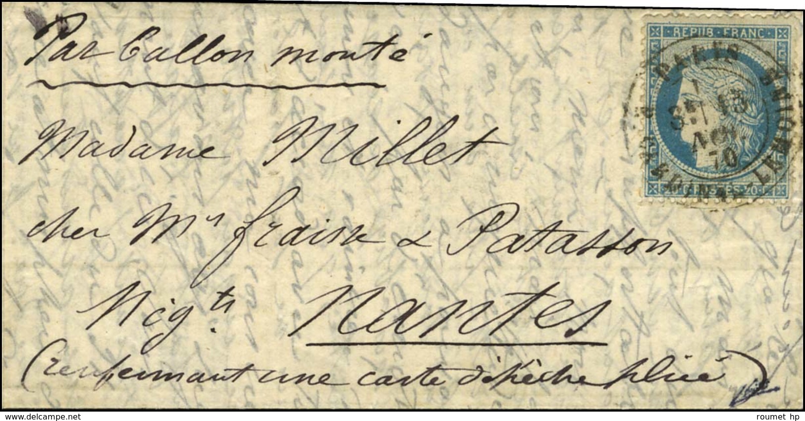 Càd PARIS / R. CARDINAL-LEMOINE 15 NOV. 70 / N° 37 Sur Lettre Pour Nantes Sans Càd D'arrivée, Au Recto Rare Mention Manu - Oorlog 1870