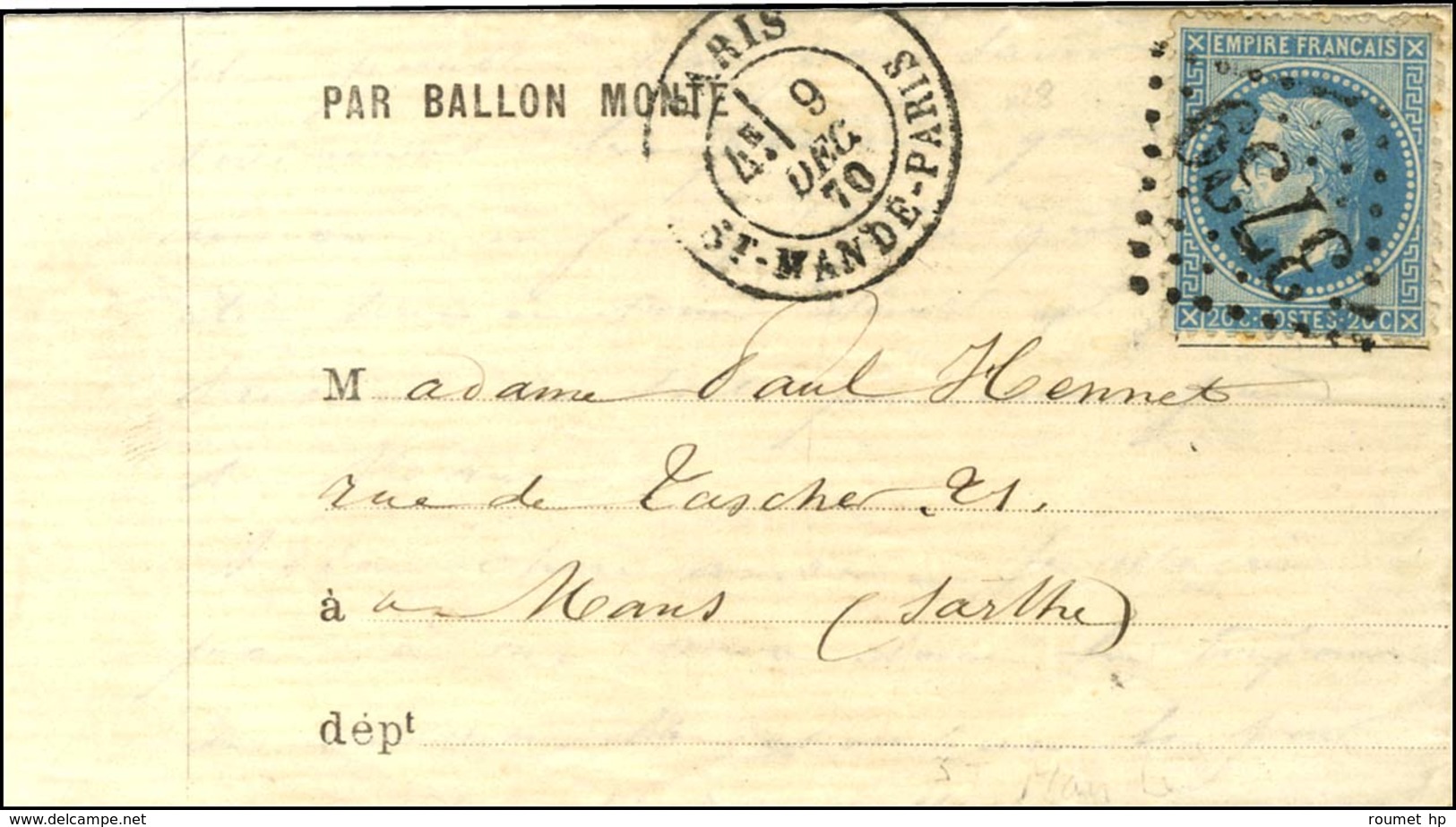 GC 3739 / N° 29 Càd PARIS / ST MANDE-PARIS 9 DEC. 70 Sur Lettre PAR BALLON MONTE Pour Le Mans. Au Verso, Càd D'arrivée 1 - Oorlog 1870