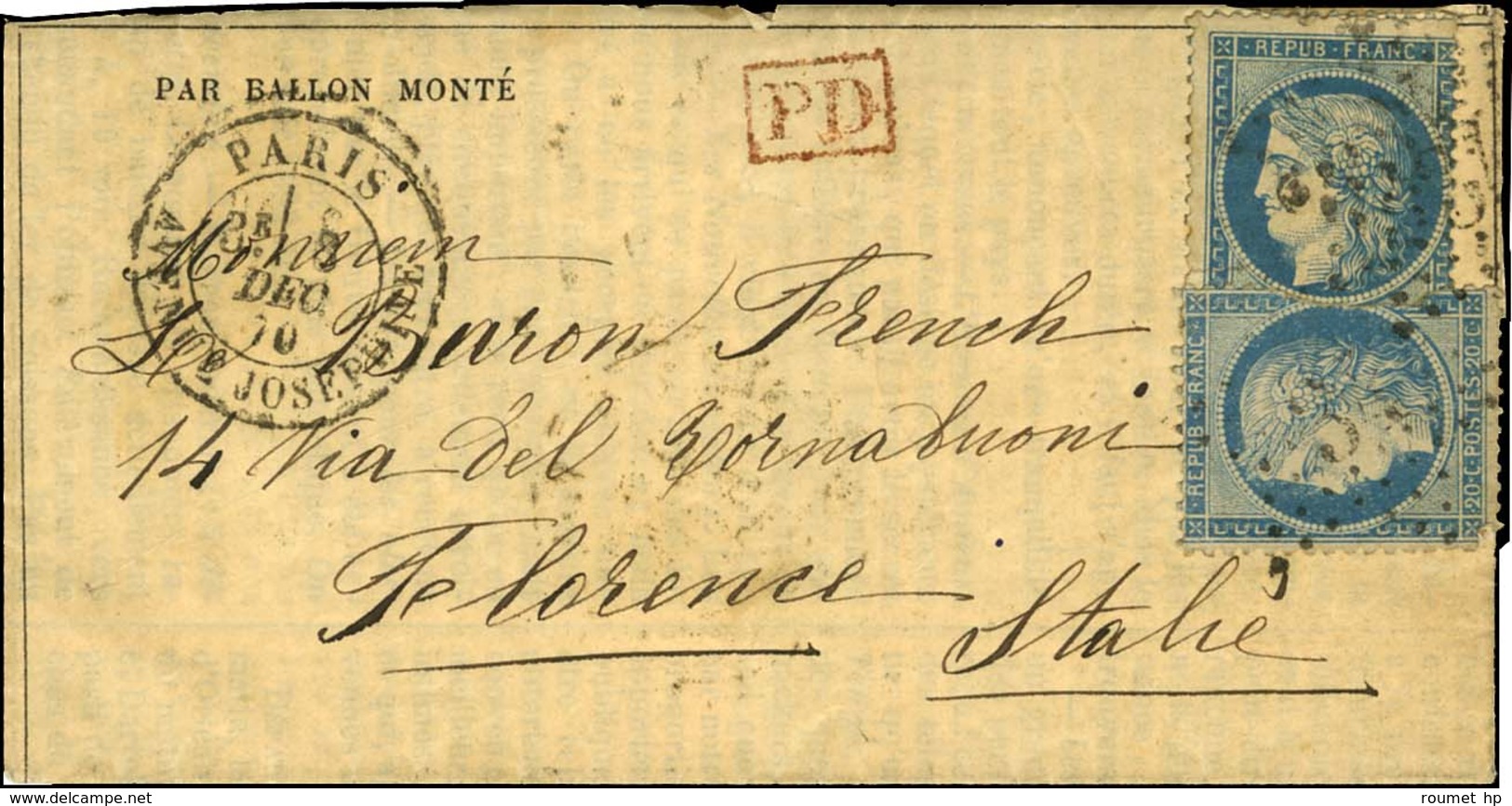 Etoile 34 / N° 37 (2) Càd PARIS / AVENUE JOSEPHINE 8 DEC. 70 Sur Gazette Des Absents N° 14 Pour Florence, Au Verso Càd D - Oorlog 1870