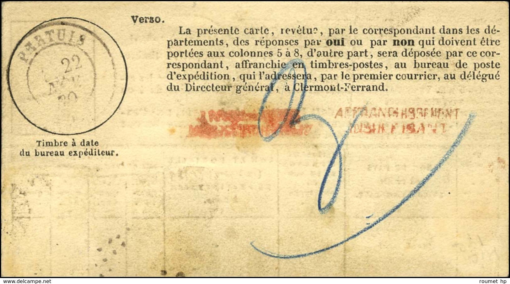 Carte Dépêche Réponse Affranchie à 5c, Complétée Et Retournée Directement à Paris, Oblitérée GC. Au Verso, Càd T 17 PERT - War 1870