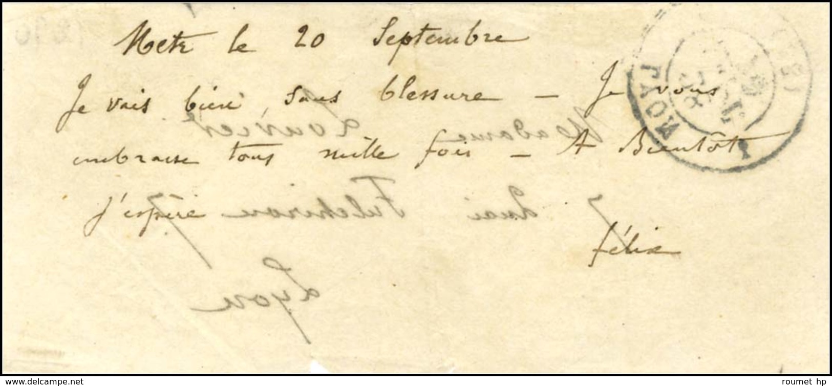 Papillon De Metz Daté Du 20 Septembre 1870 Pour Lyon. Au Recto, Càd D'arrivée LYON (68) 28 SEPT. 70. - TB / SUP. - RR. - War 1870